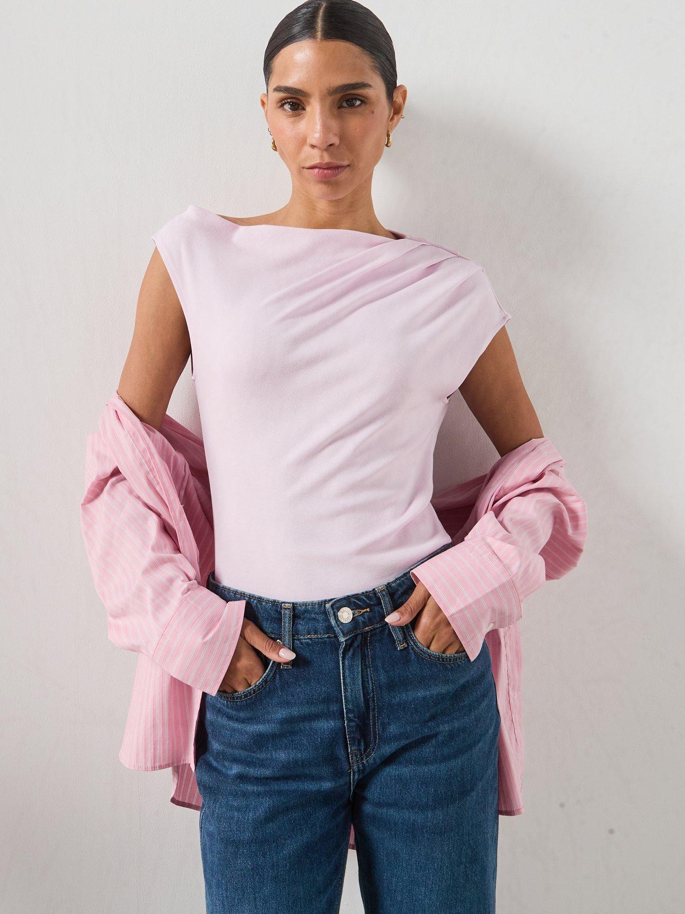 Mango Asymmetrical Ruched T-Shirt- Pink