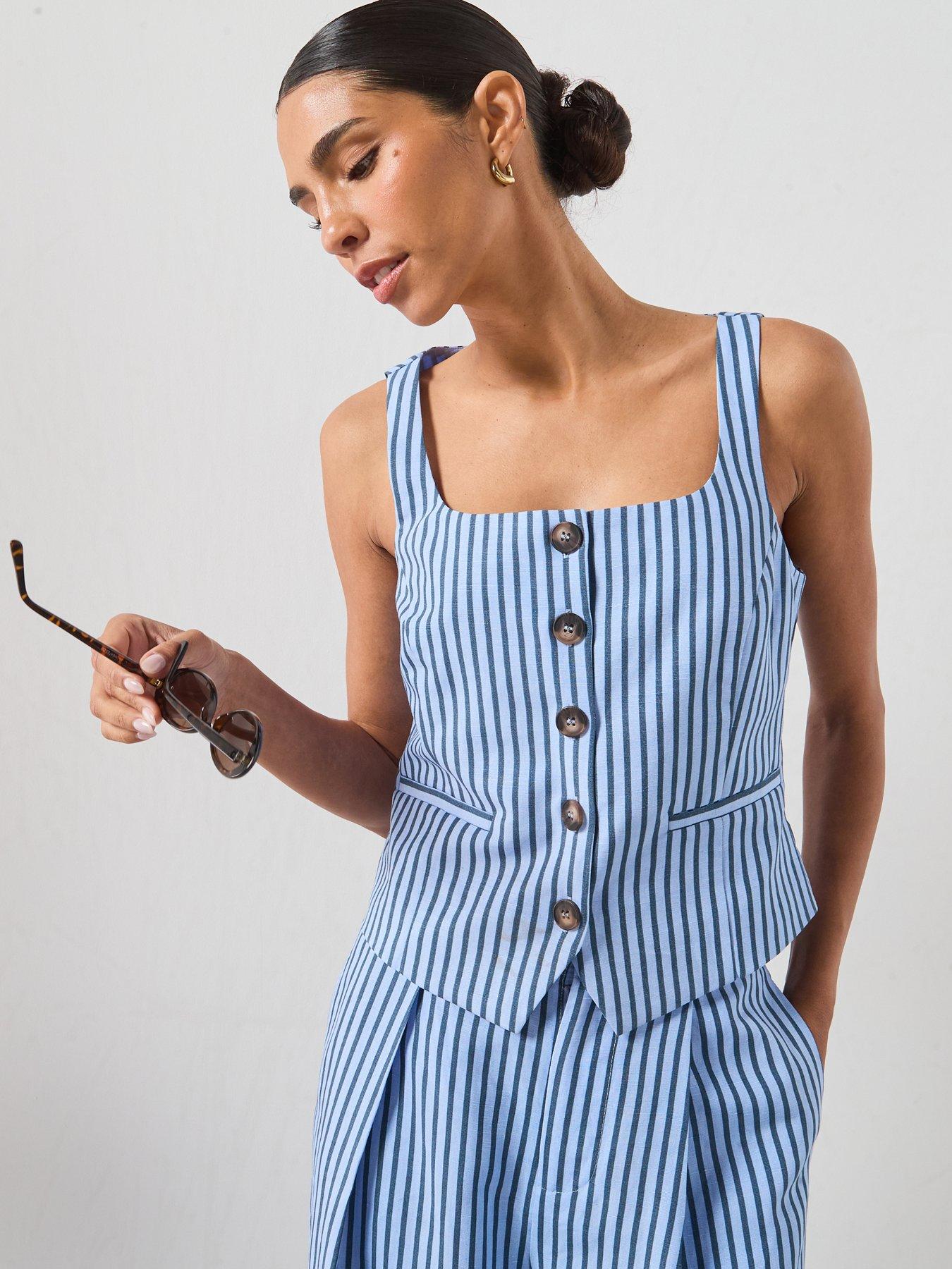 Mango Striped Button Waistcoat - Blue