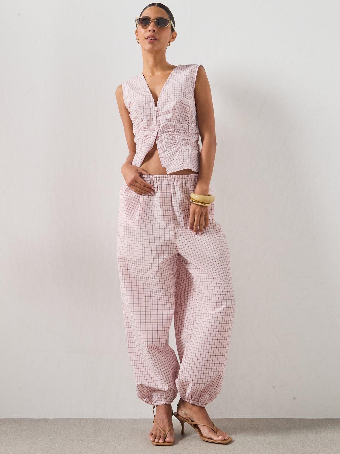 Image 3 of 6 of Mango Checked Plaid Co-Ord Baggy Trousers - Pink