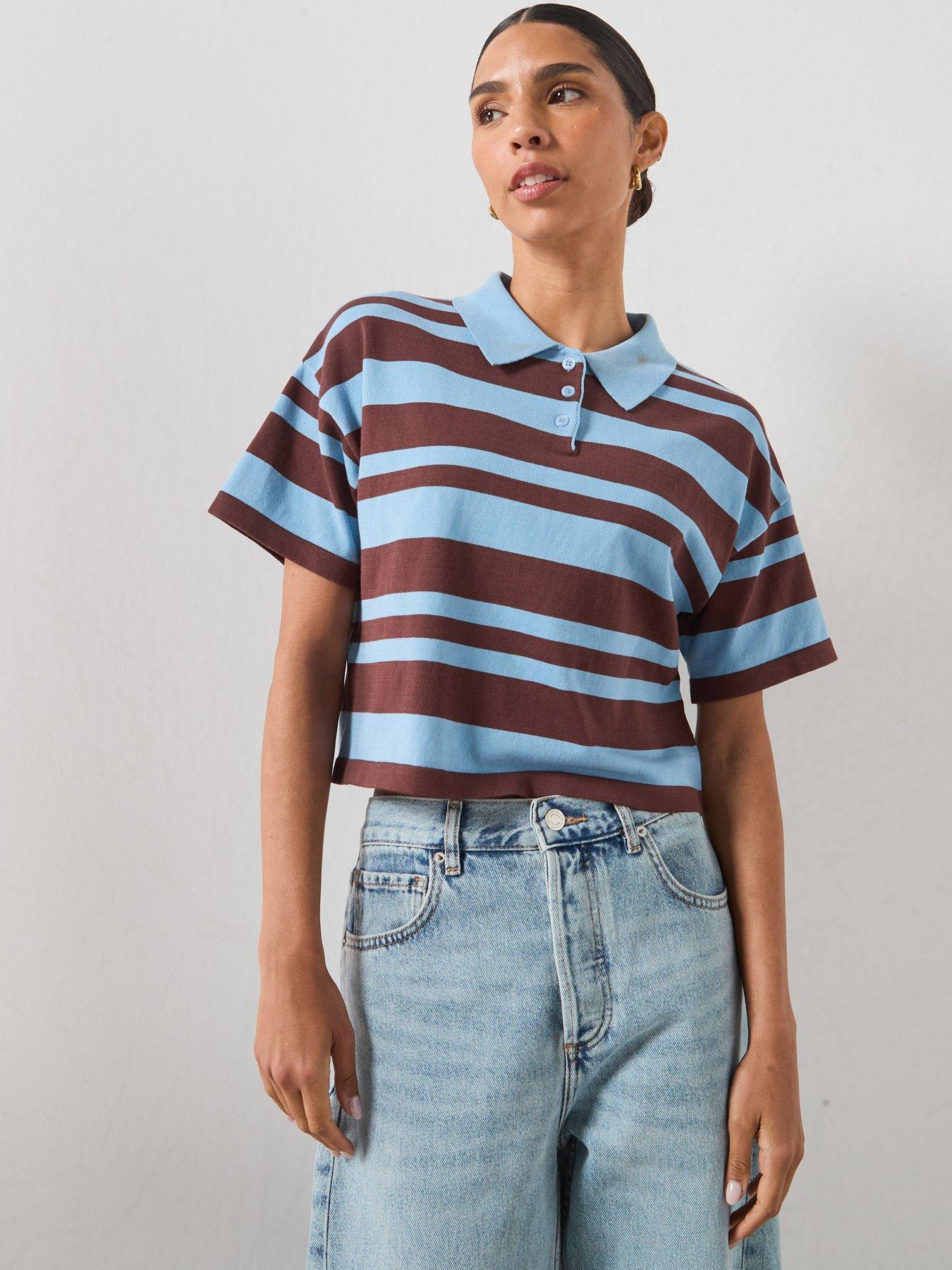 Mango Striped Cotton Polo Shirt - Blue