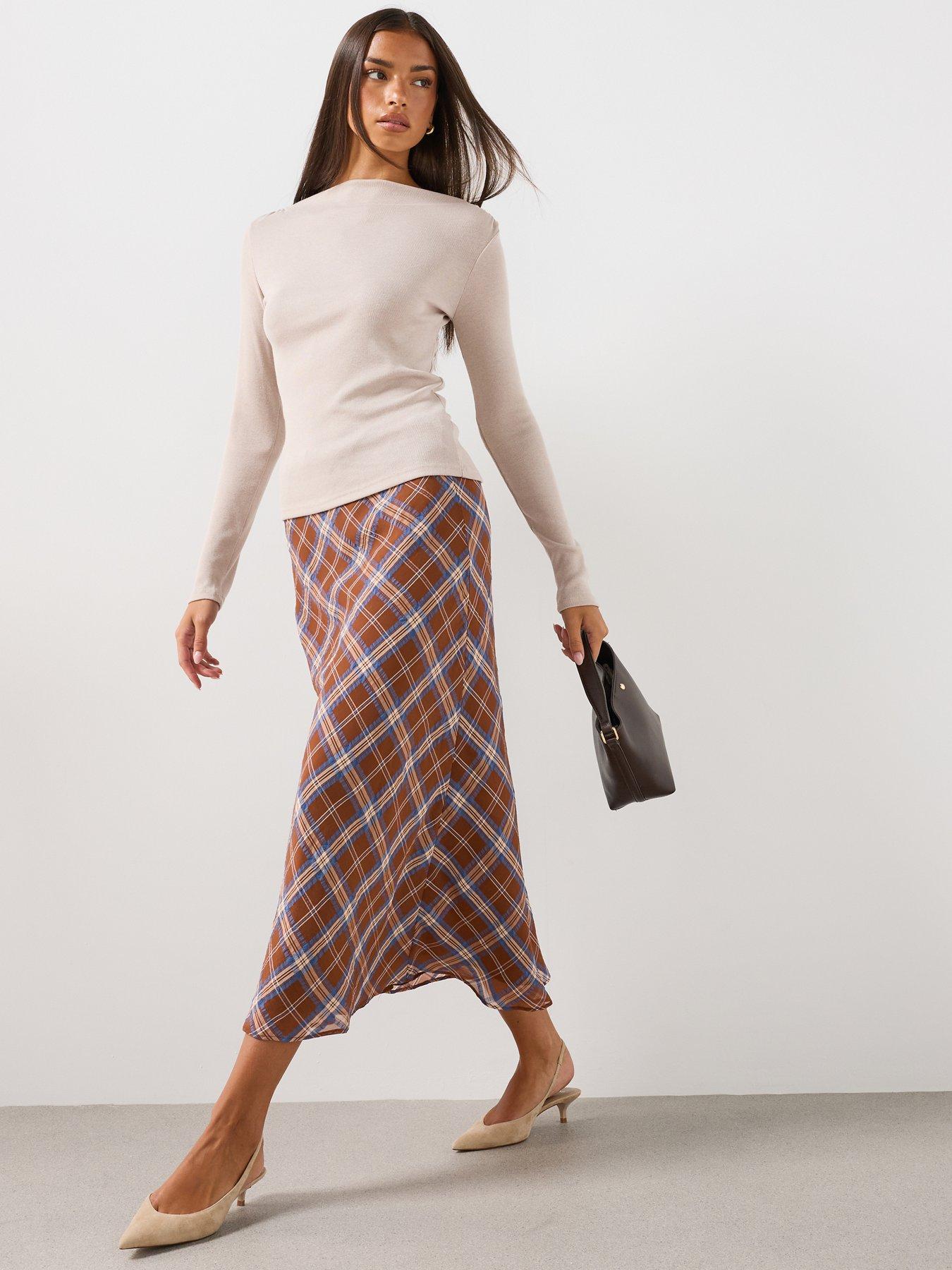 Mango Women's Check Midi Skirt - Brown