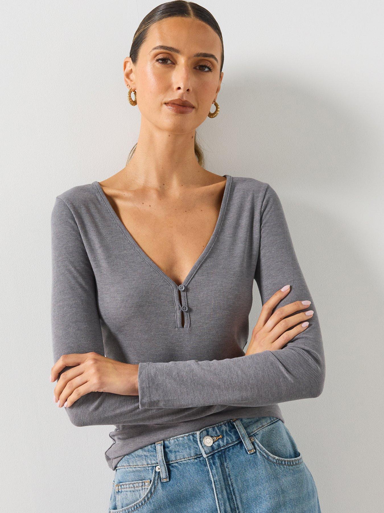 Mango Ribbed Long Sleeve V-Neck Top - Grey
