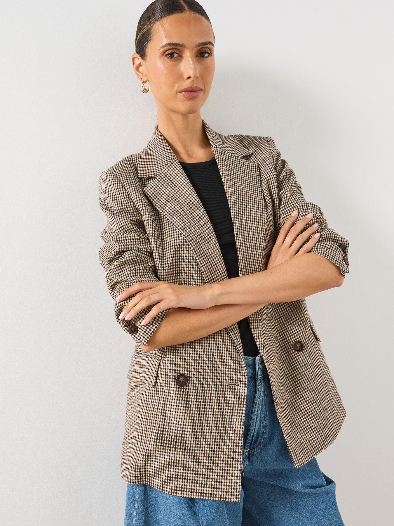 Mango Double-Breasted Micro-Houndstooth Jacket - Brown