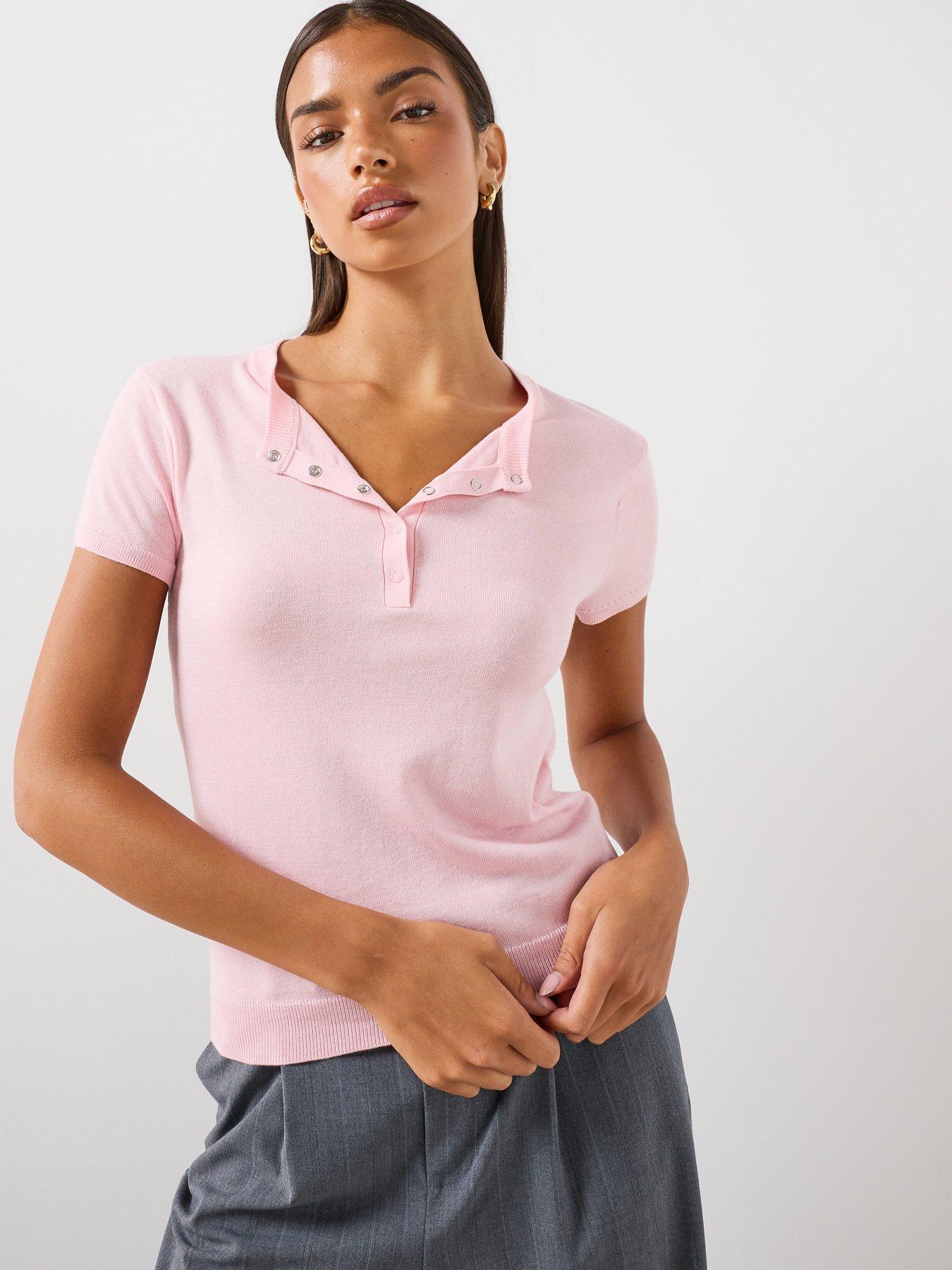 Mango Women's Ribbed Short Sleeve Henley Top - Pink