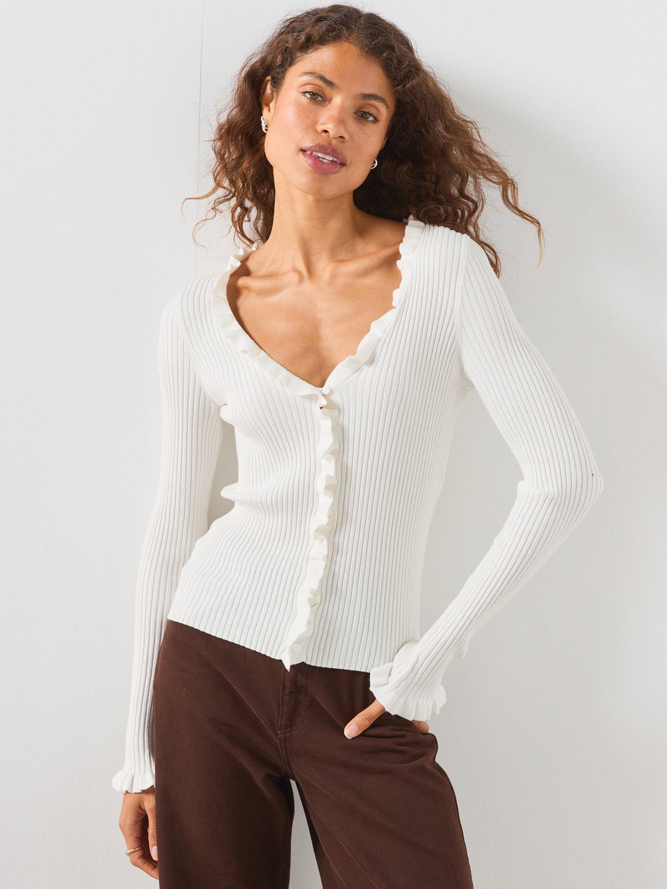 Mango Ribbed Ruffle Cardigan - Cream