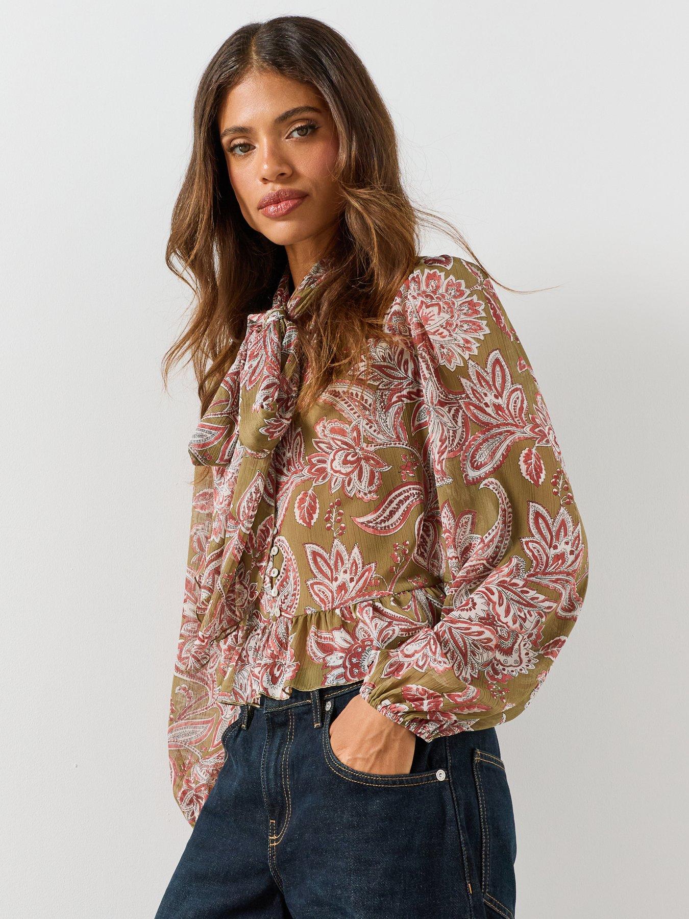 Image 1 of 6 of Mango Floral Print Tie Neck Blouse - Green