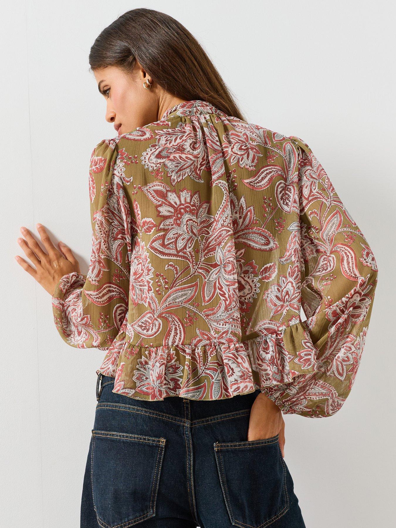 Image 2 of 6 of Mango Floral Print Tie Neck Blouse - Green