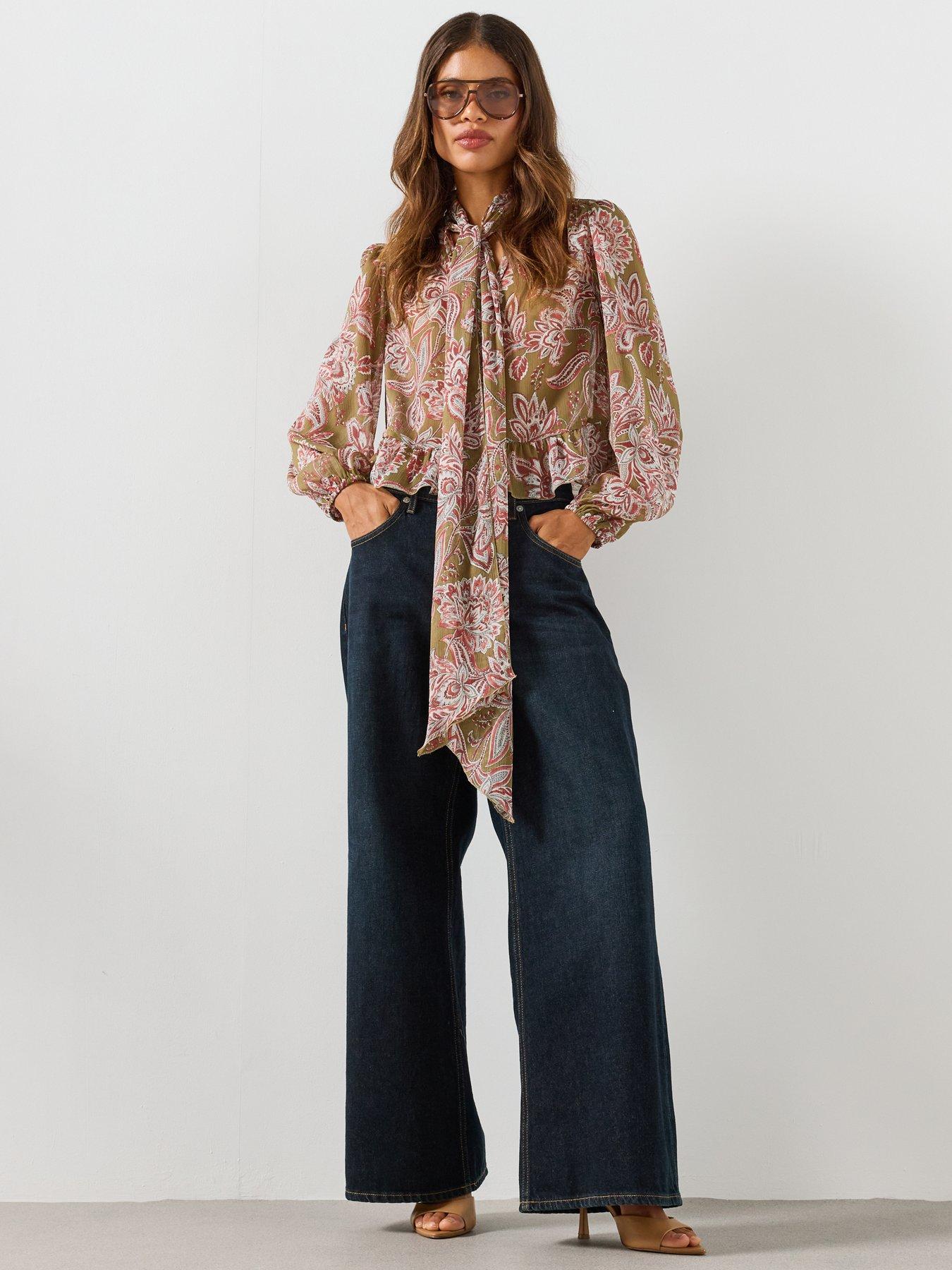 Image 3 of 6 of Mango Floral Print Tie Neck Blouse - Green