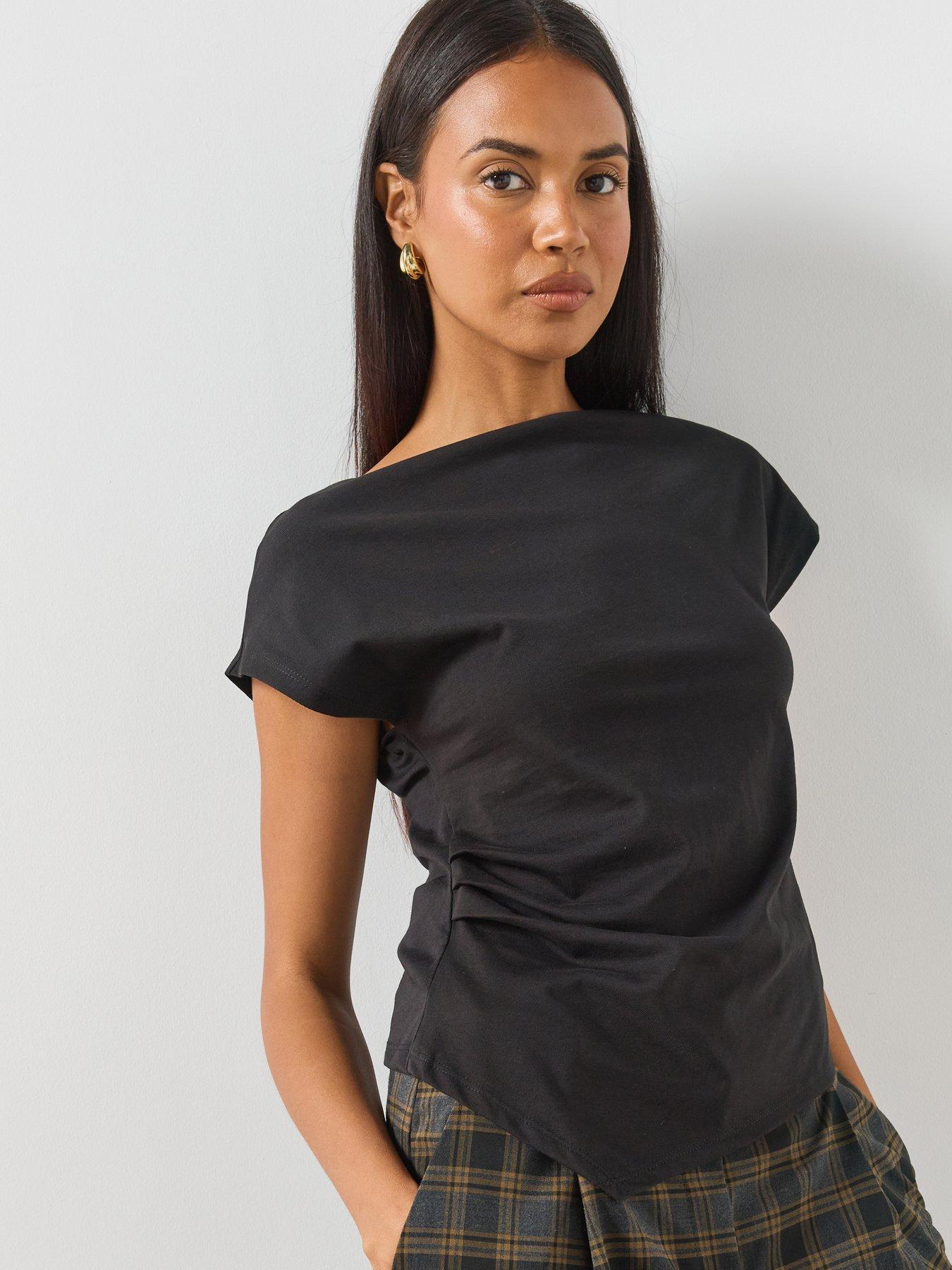 Mango Asymmetric T-Shirt With Pleat Detail - Black