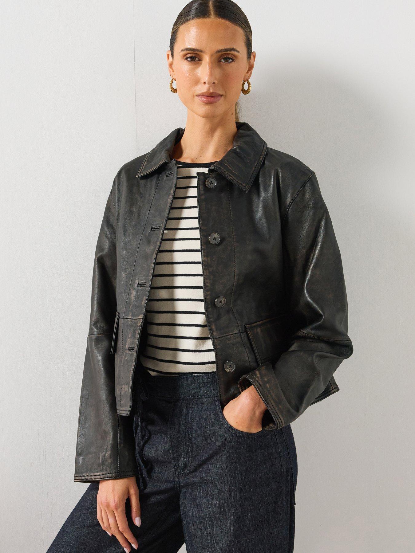 Mango Cropped Faux Leather Button-Through Jacket - Brown