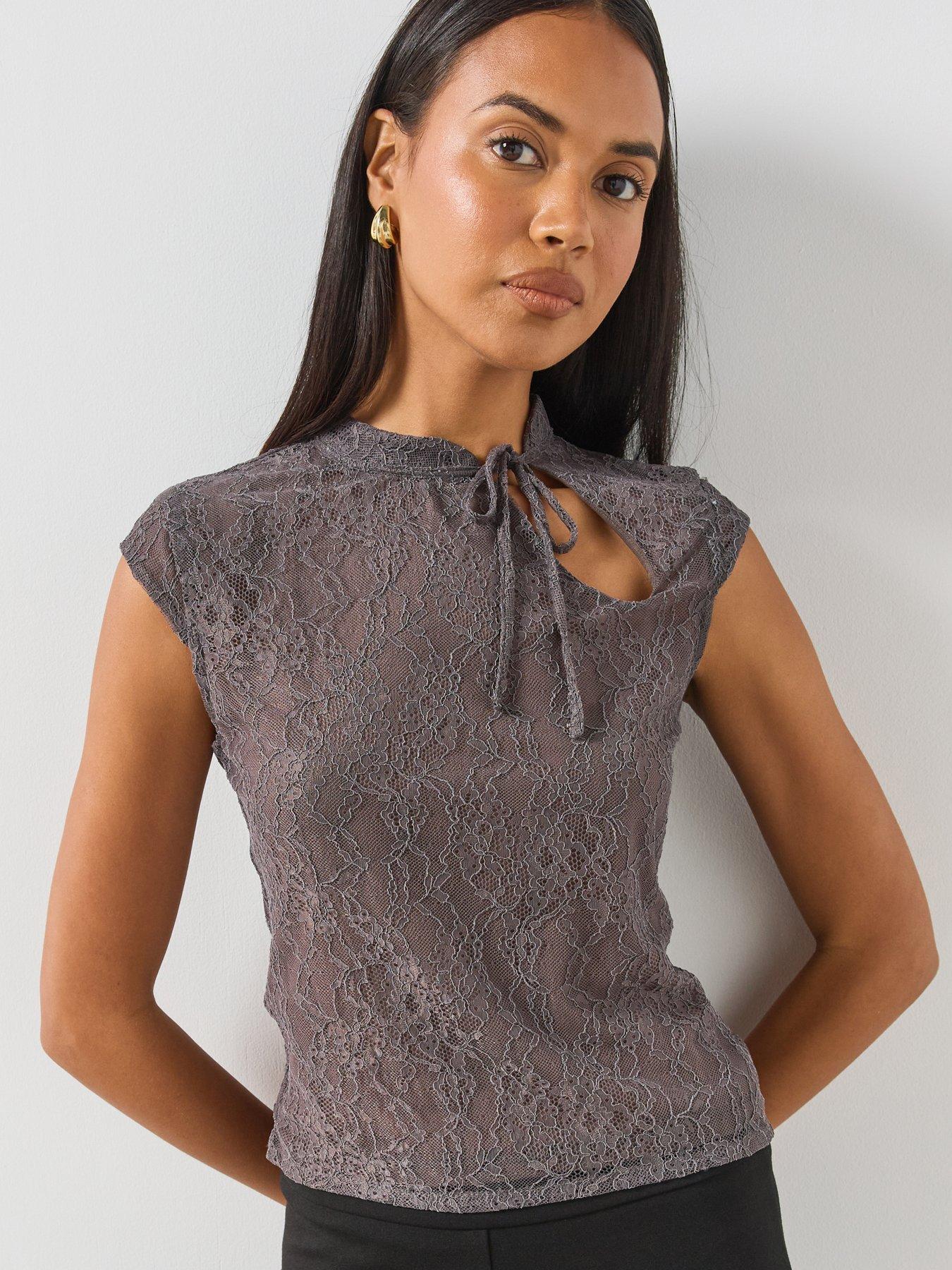 Mango Lace Top with Bow Detail - Grey