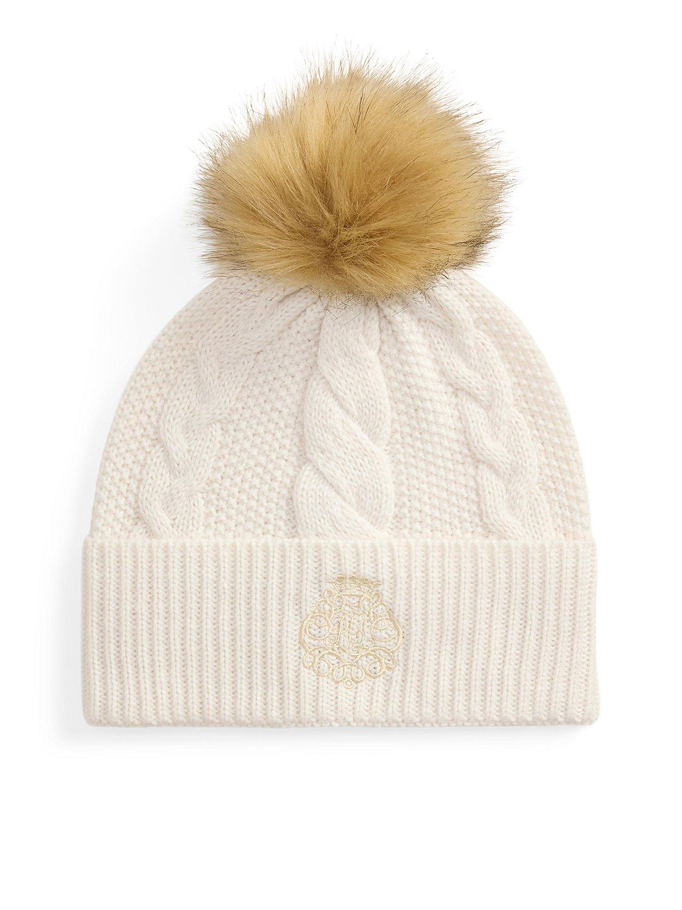 Image 1 of 3 of Lauren by Ralph Lauren Womens Cable Knit Turn-Up Pom-Pom Beanie Hat - Cream