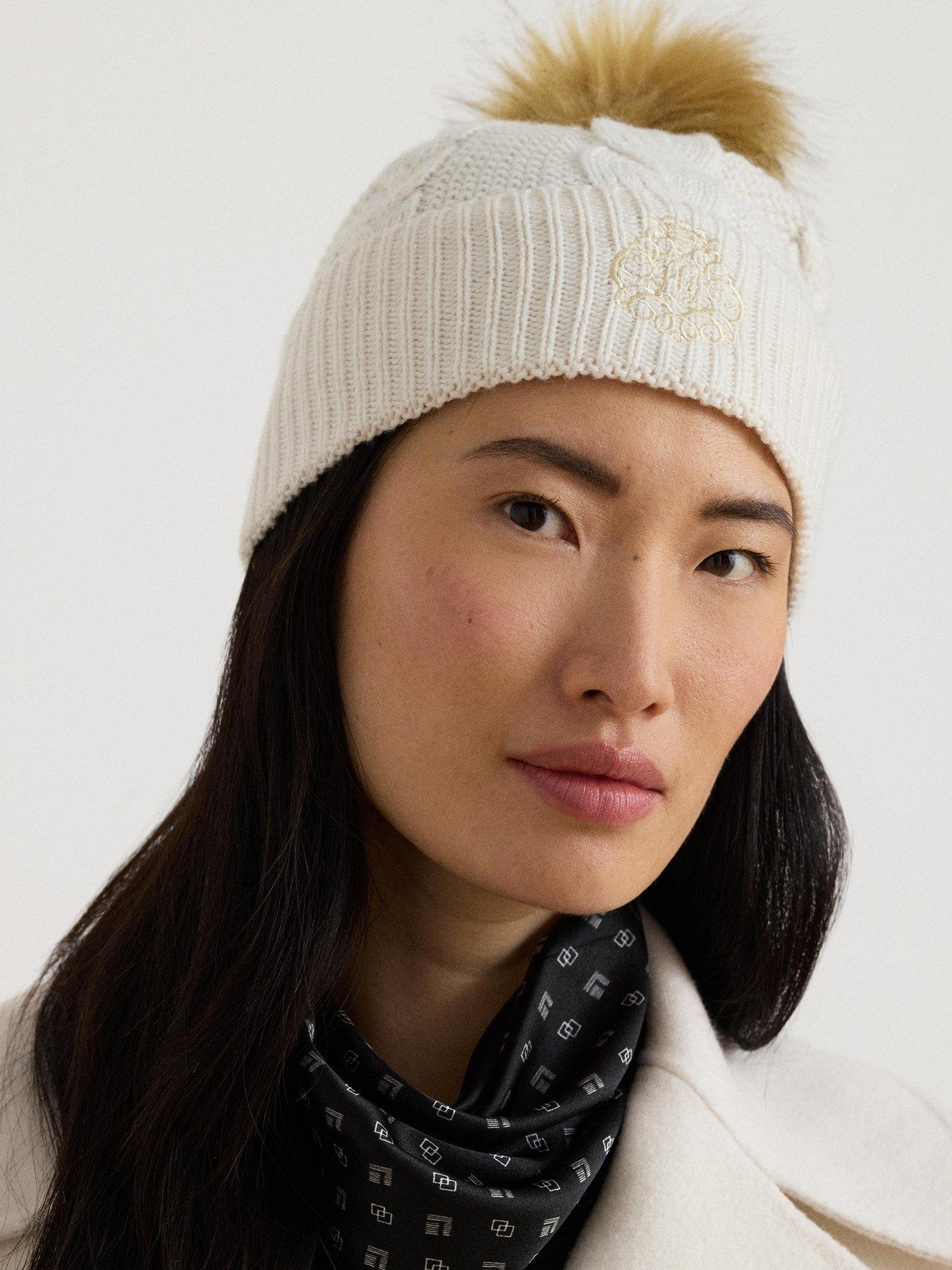 Image 2 of 3 of Lauren by Ralph Lauren Womens Cable Knit Turn-Up Pom-Pom Beanie Hat - Cream