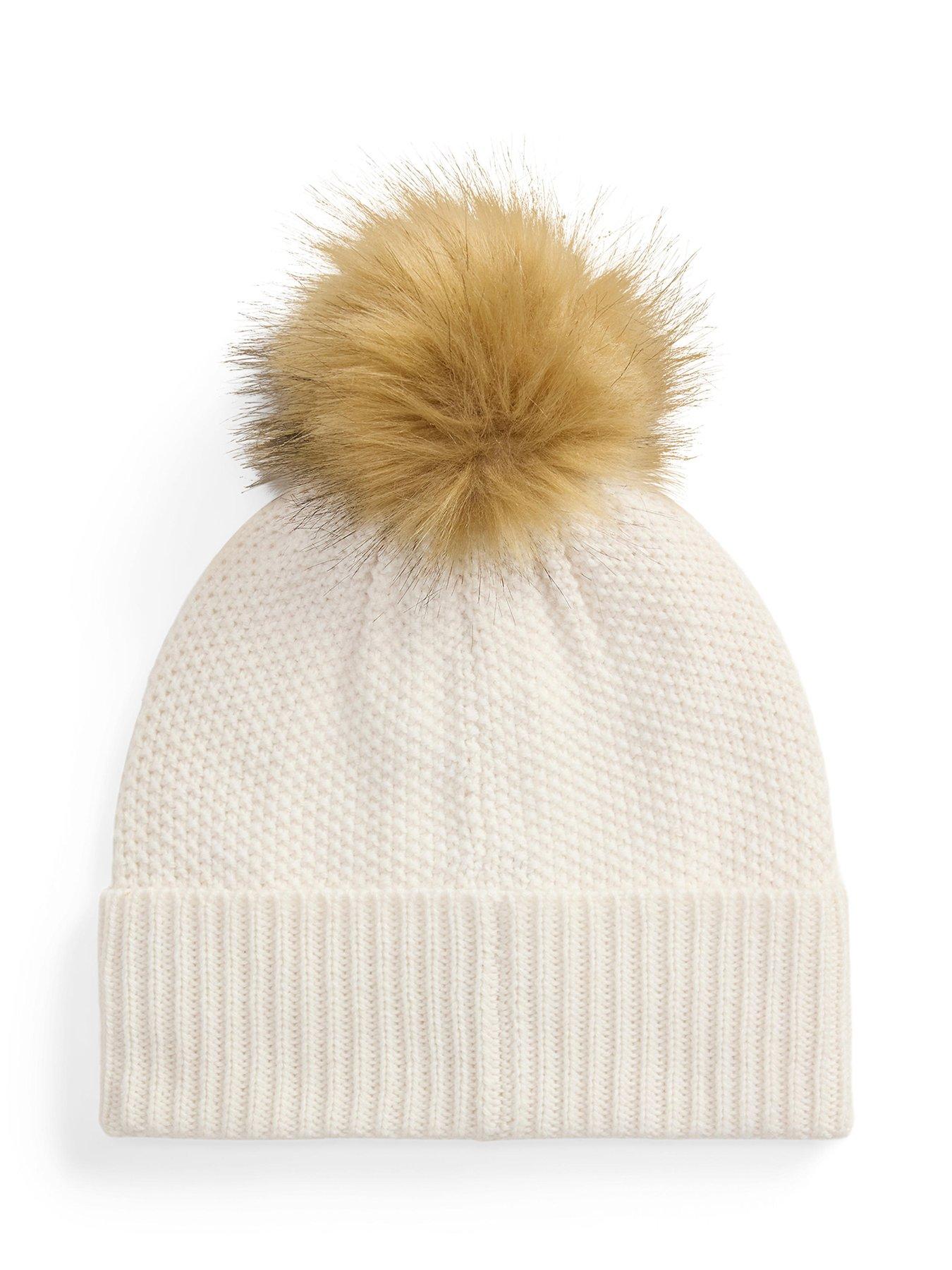 Image 3 of 3 of Lauren by Ralph Lauren Womens Cable Knit Turn-Up Pom-Pom Beanie Hat - Cream