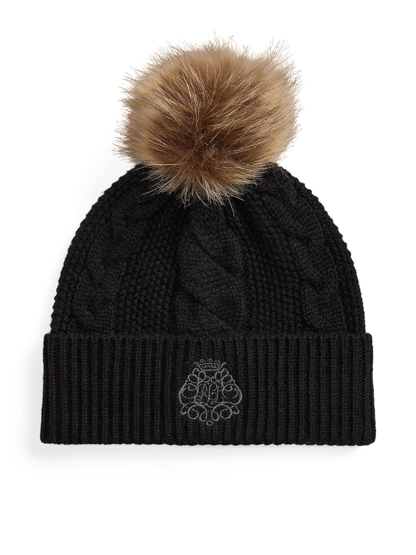 Image 1 of 3 of Lauren by Ralph Lauren Womens Cable-Knit Turn-Up Faux Fur Pom Beanie Hat - Black