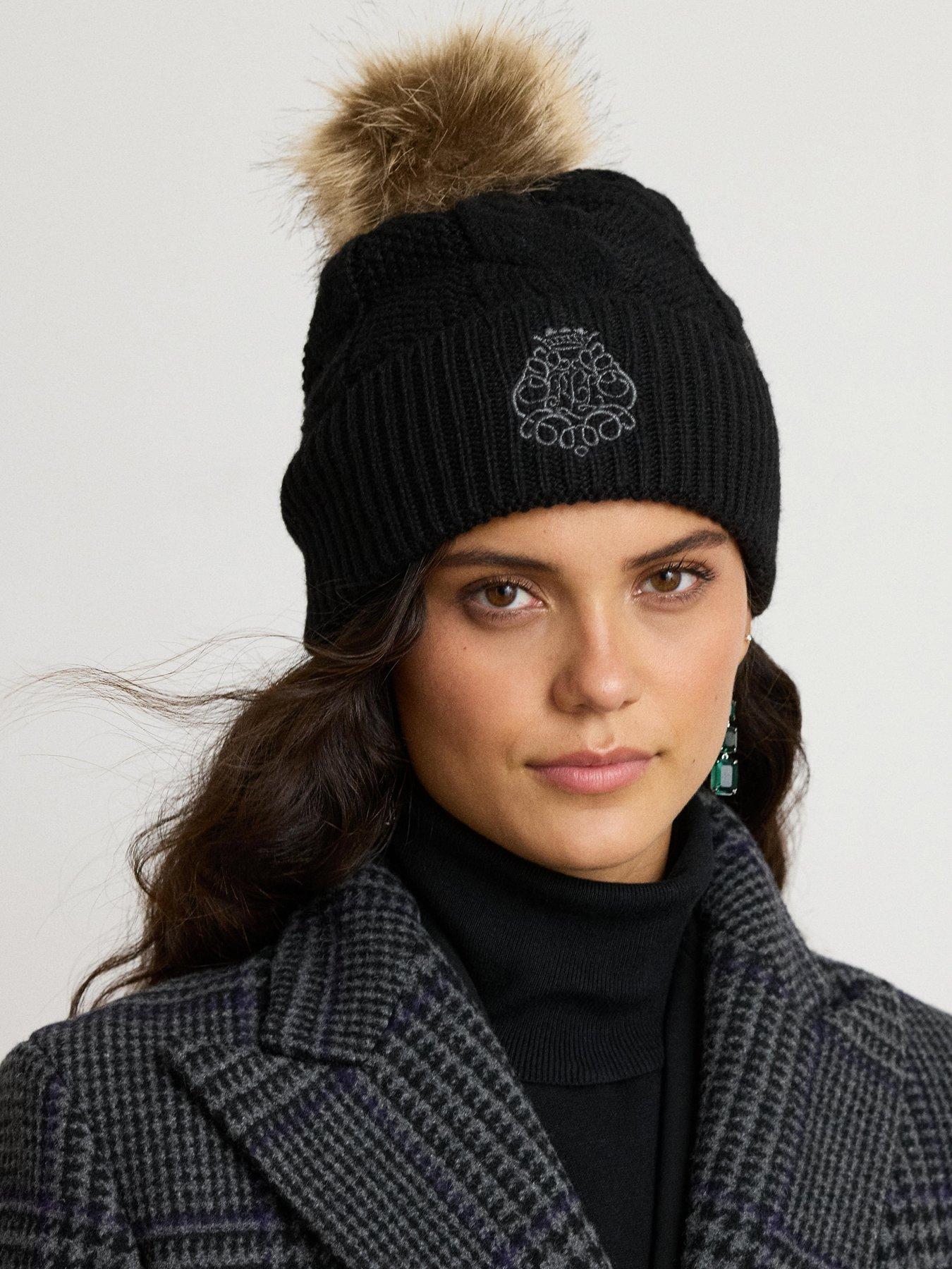 Image 2 of 3 of Lauren by Ralph Lauren Womens Cable-Knit Turn-Up Faux Fur Pom Beanie Hat - Black