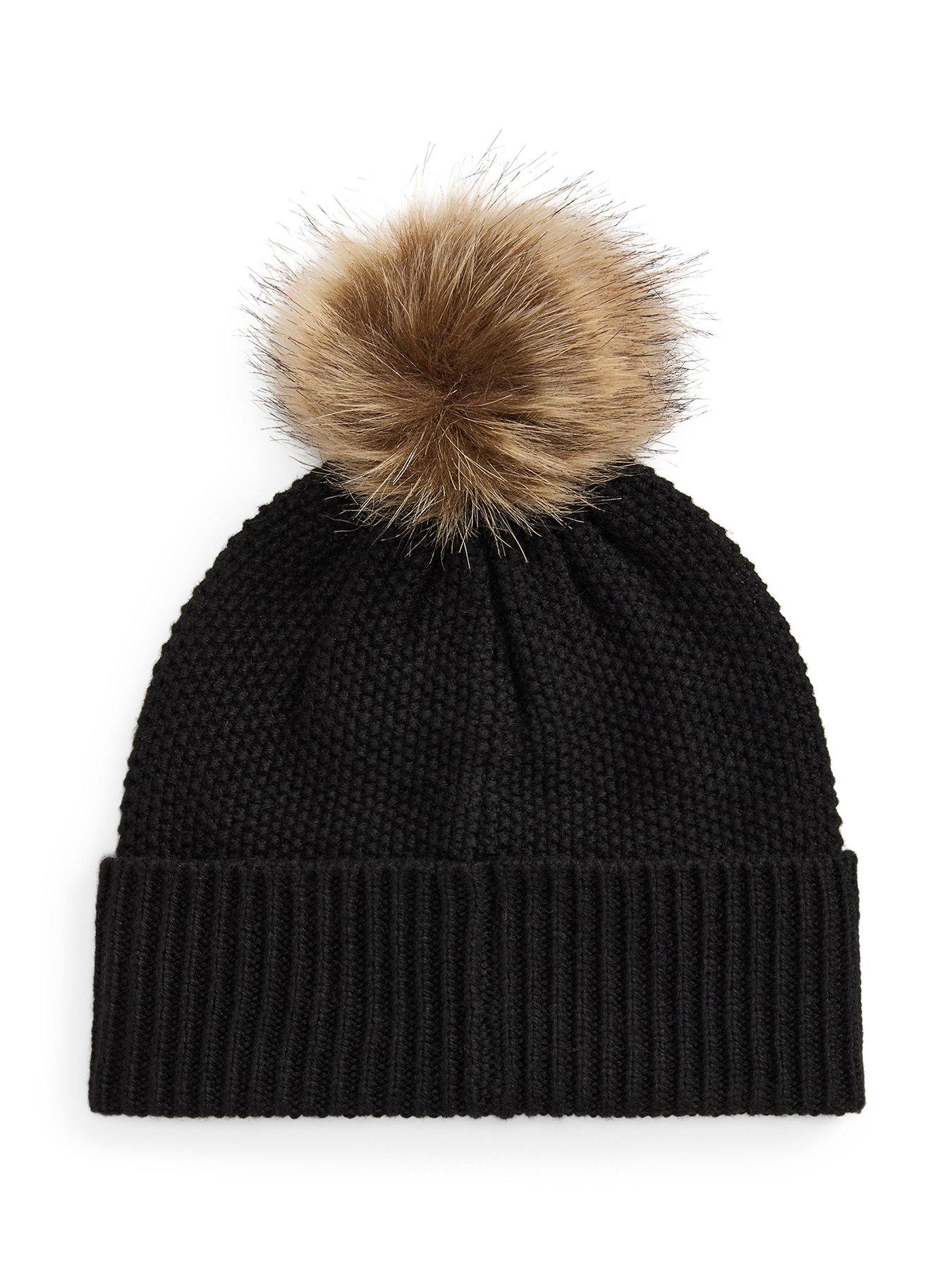 Image 3 of 3 of Lauren by Ralph Lauren Womens Cable-Knit Turn-Up Faux Fur Pom Beanie Hat - Black