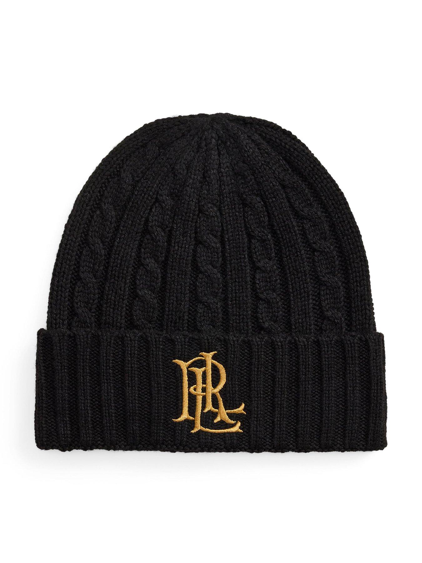 Image 1 of 3 of Lauren by Ralph Lauren Womens Embroidered-Logo Cable-Knit Beanie Hat - Black