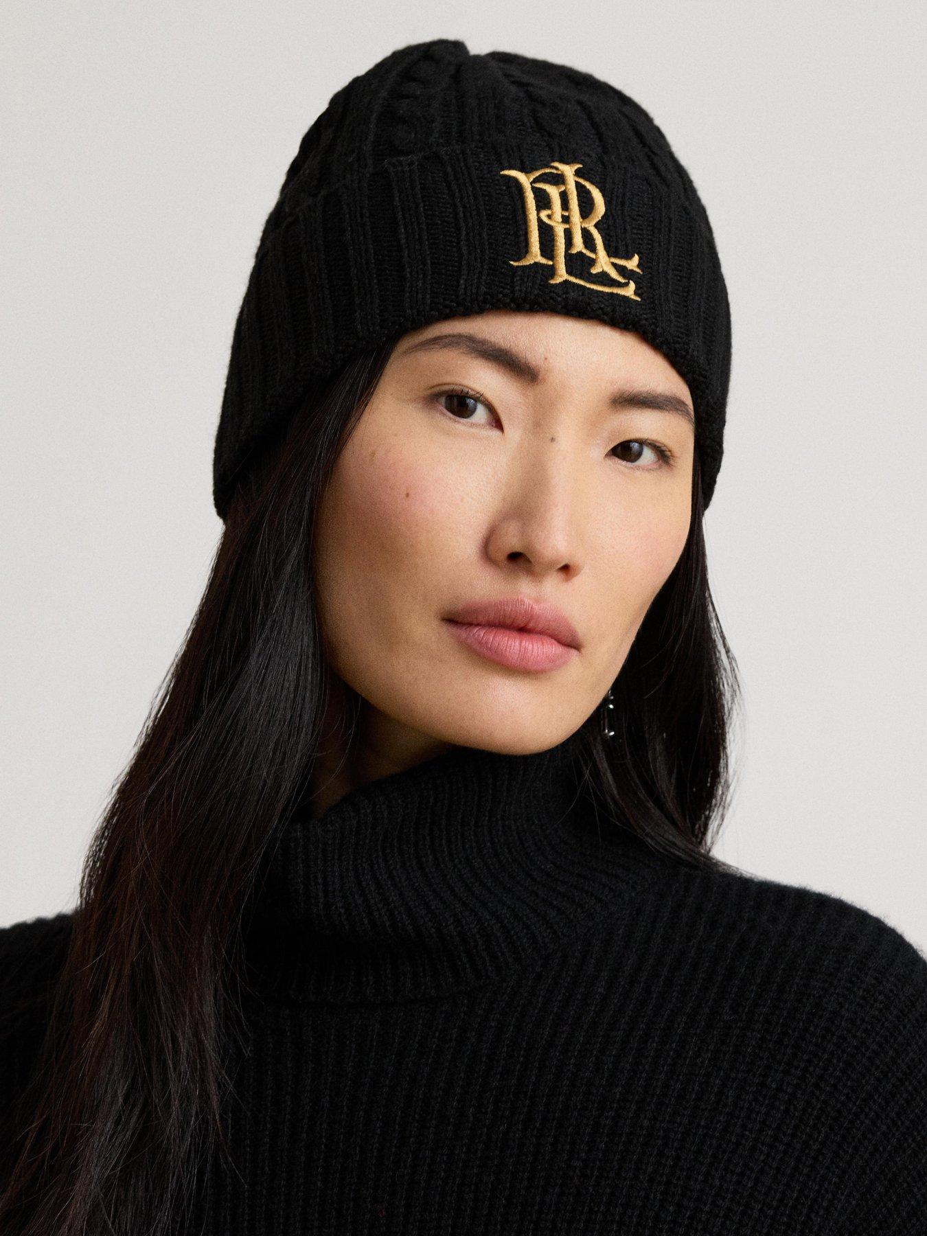 Image 2 of 3 of Lauren by Ralph Lauren Womens Embroidered-Logo Cable-Knit Beanie Hat - Black