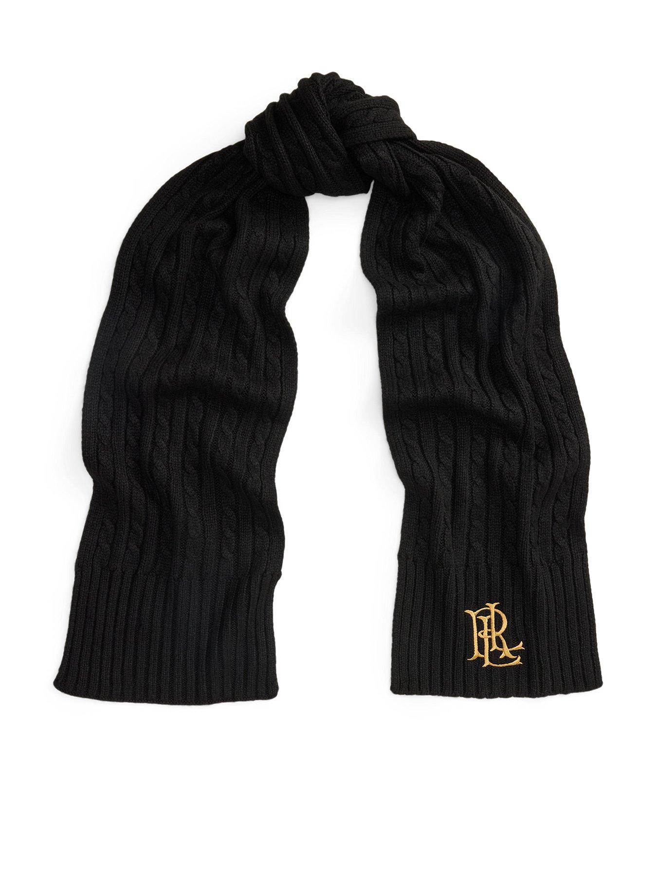 Image 1 of 4 of Lauren by Ralph Lauren Womens Cable Knit Embroidered Logo Scarf - Black