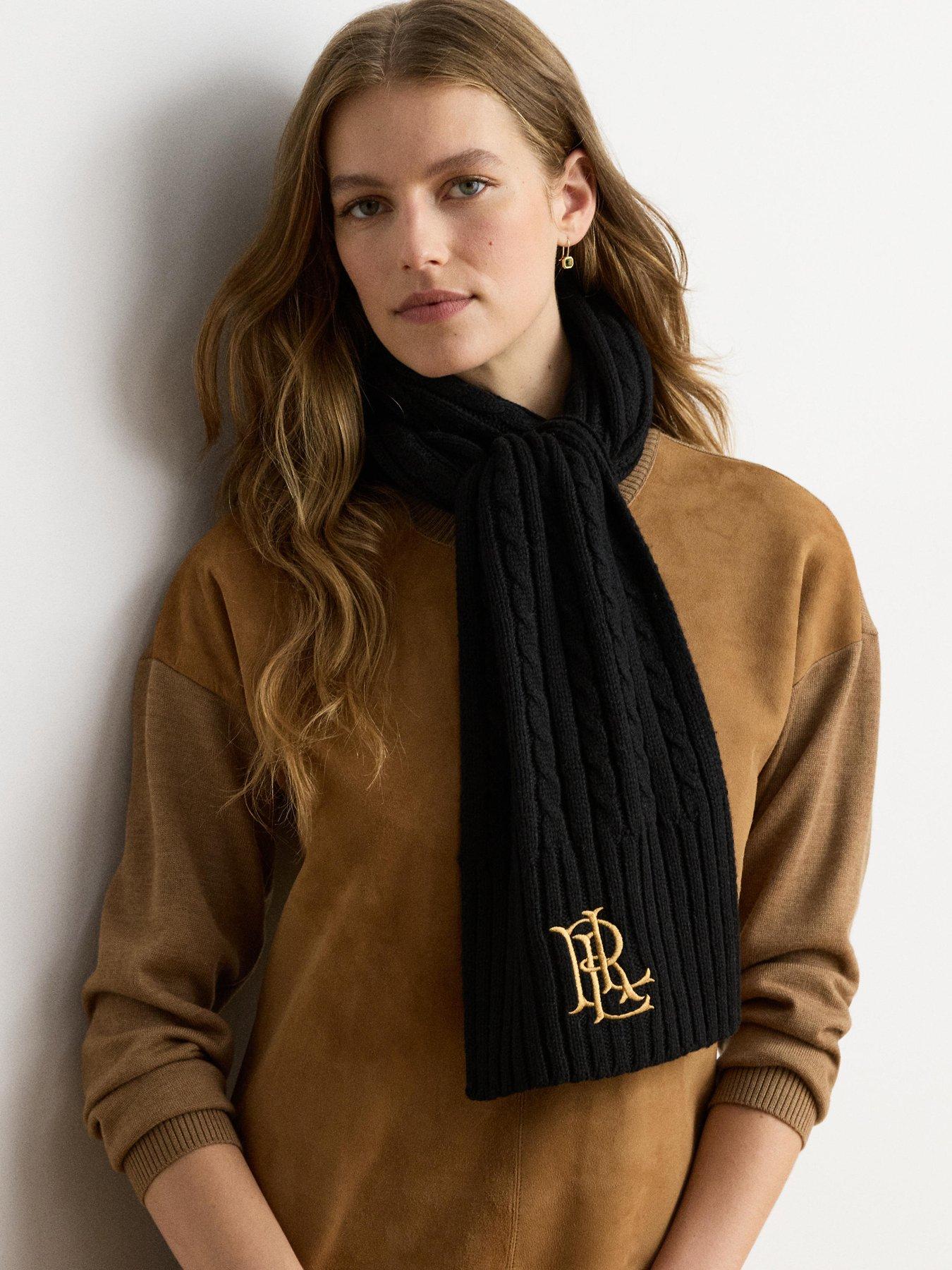 Image 2 of 4 of Lauren by Ralph Lauren Womens Cable Knit Embroidered Logo Scarf - Black