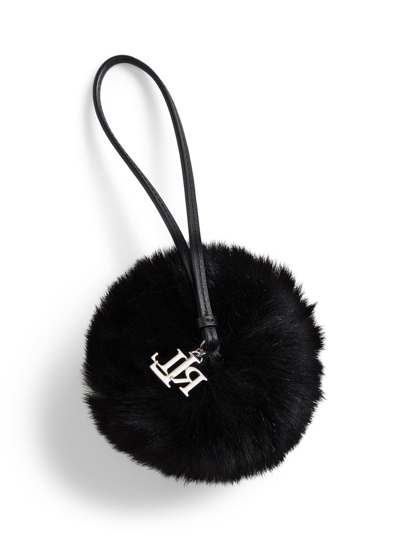 Image 2 of 3 of Lauren by Ralph Lauren Womens Leather &amp; Shearling Pom-Pom Bag Charm - Black