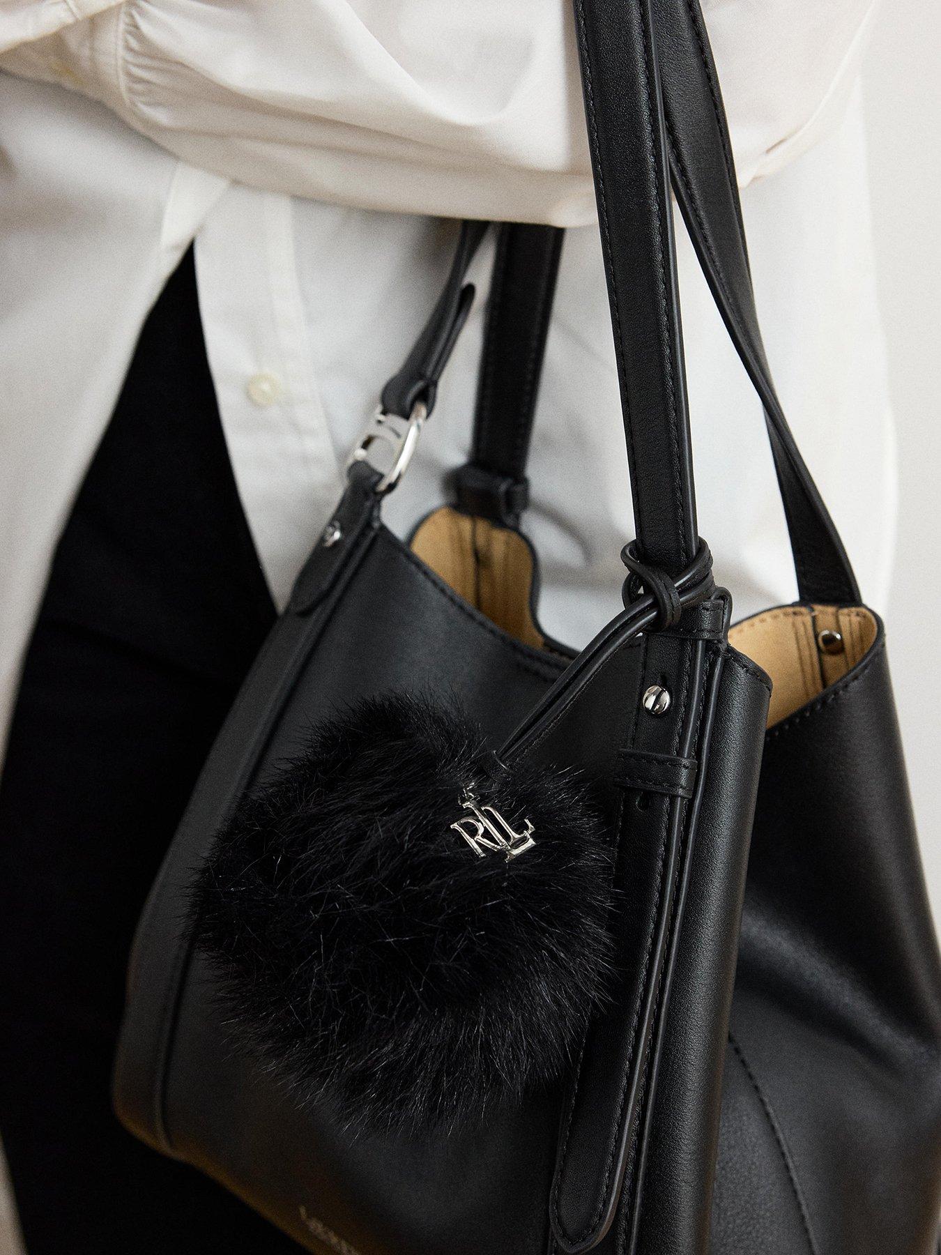 Image 3 of 3 of Lauren by Ralph Lauren Womens Leather &amp; Shearling Pom-Pom Bag Charm - Black