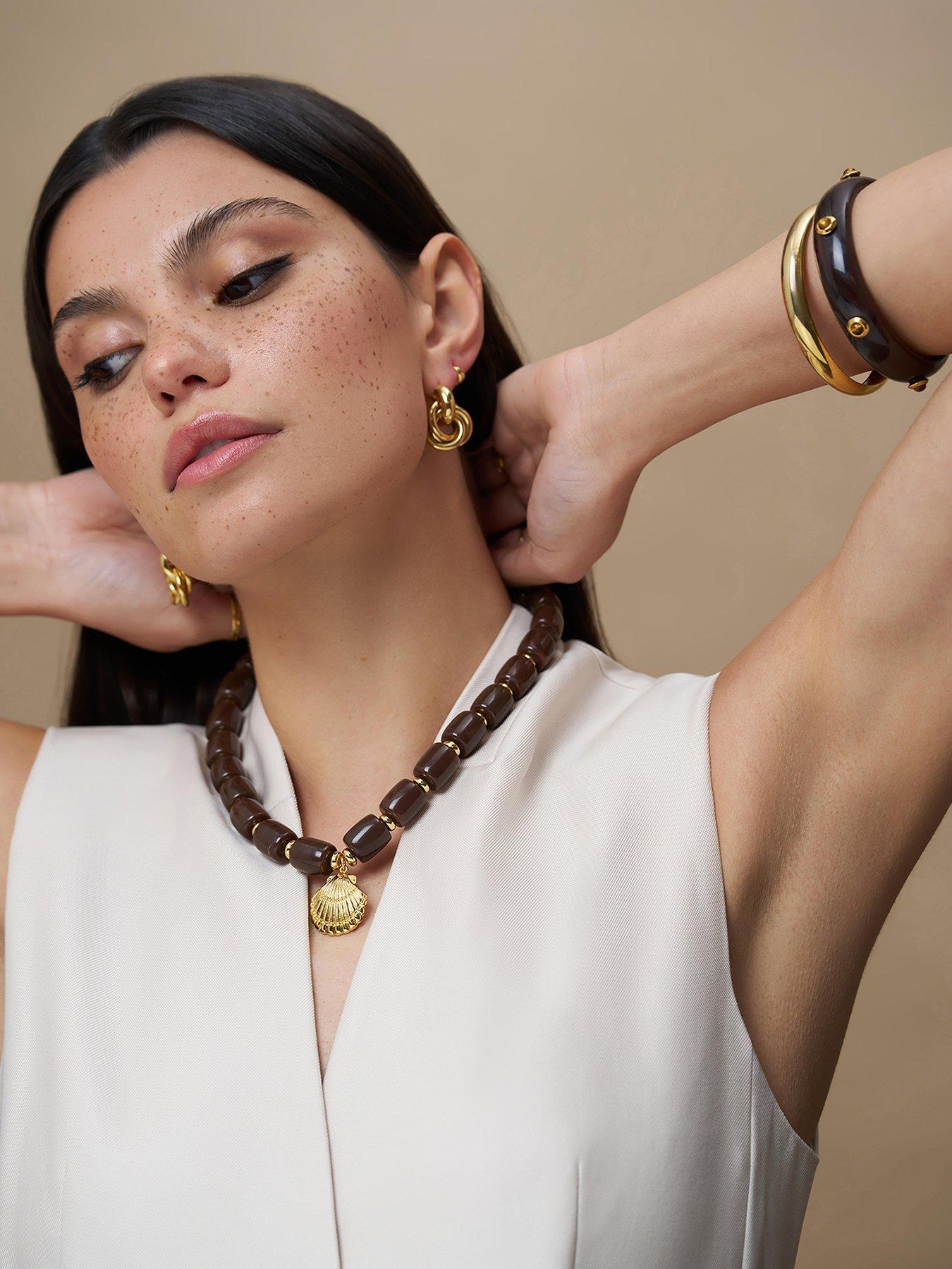 Orelia Statement Brown Bead Shell Drop Necklace