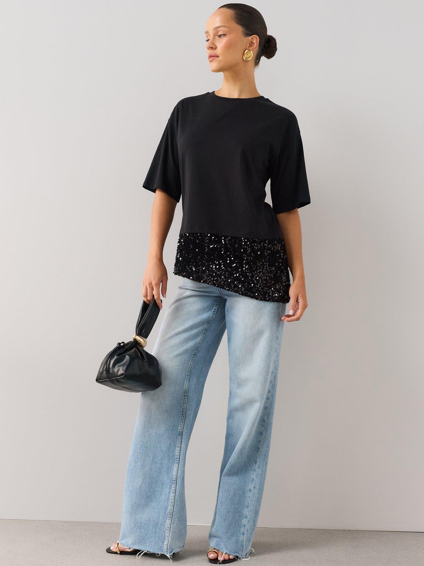 The Very Collection Sequin Hem Jersey T-Shirt - Black