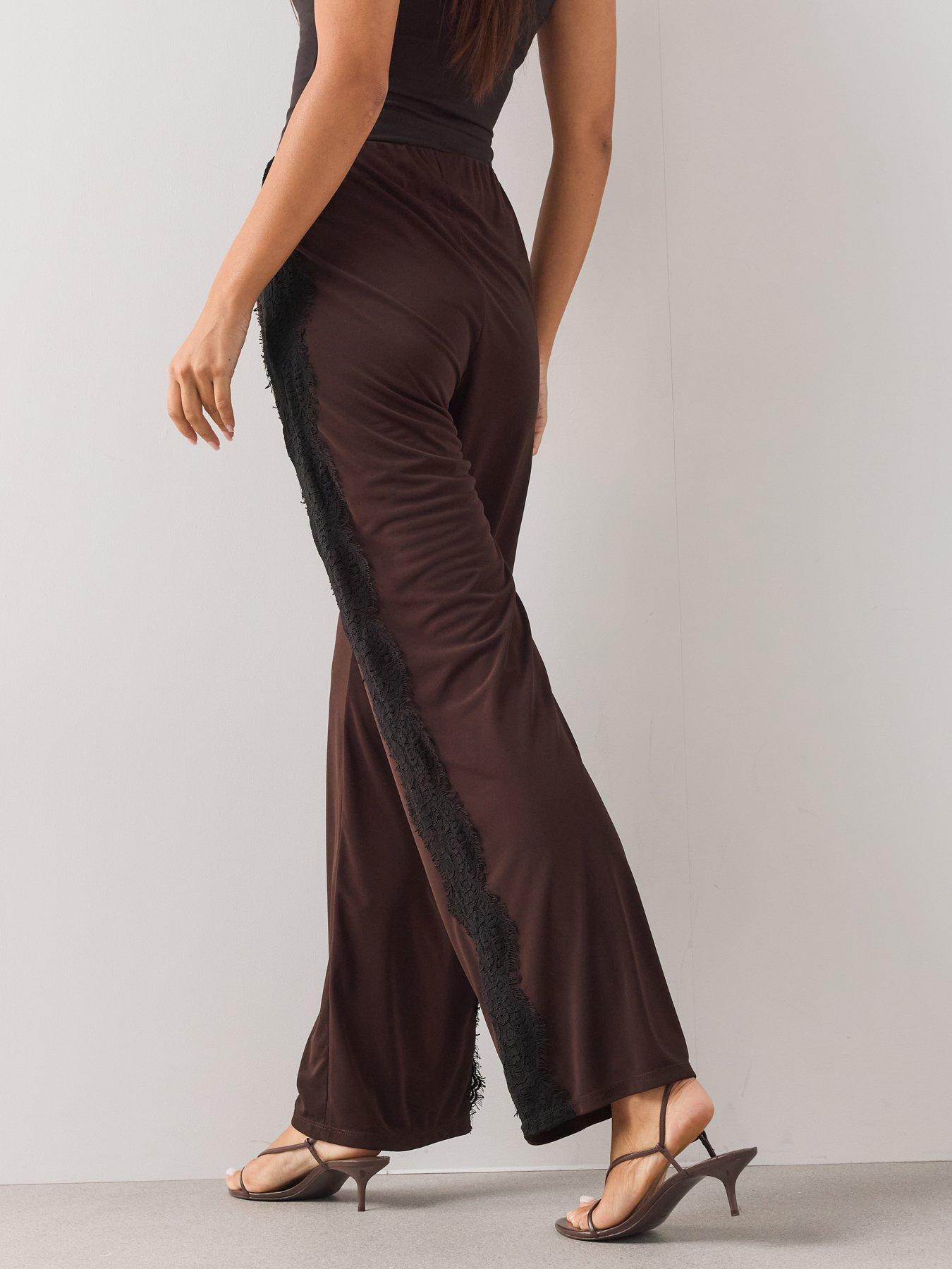 Image 2 of 6 of The Very Collection Wide Leg Lace Trim Trousers - Brown