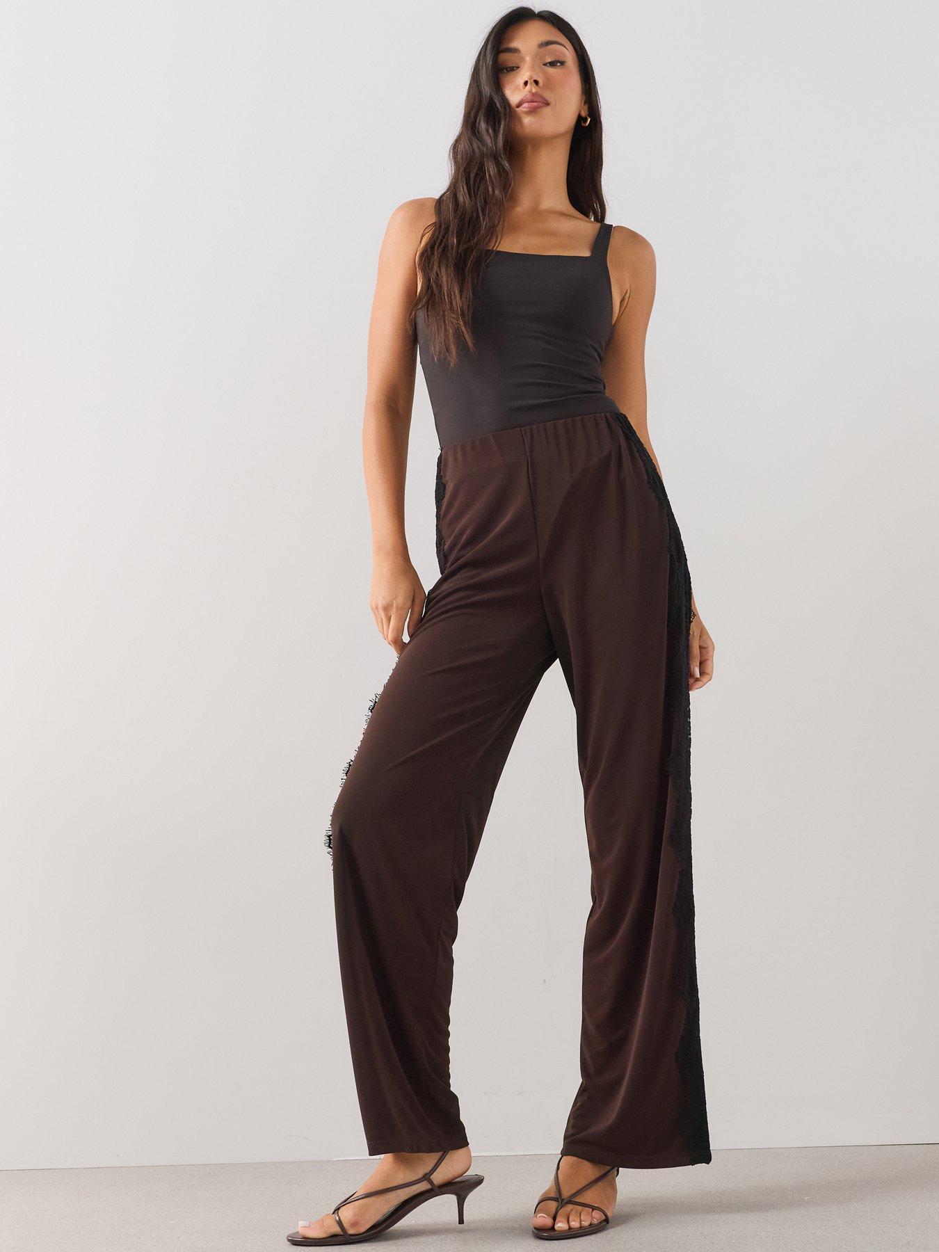 Image 3 of 6 of The Very Collection Wide Leg Lace Trim Trousers - Brown