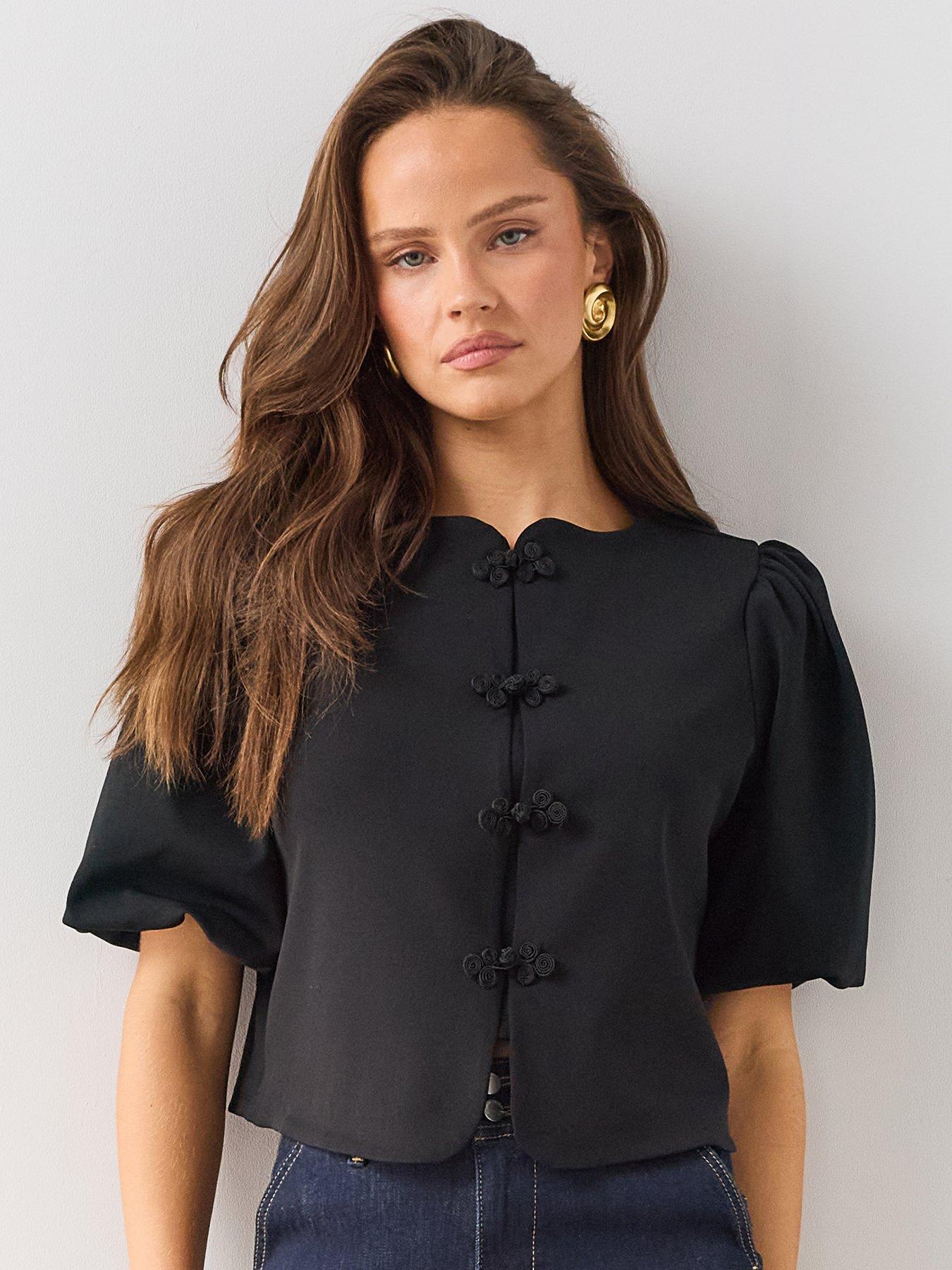 The Very Collection Mandarin Button Puff Sleeve Top - Black