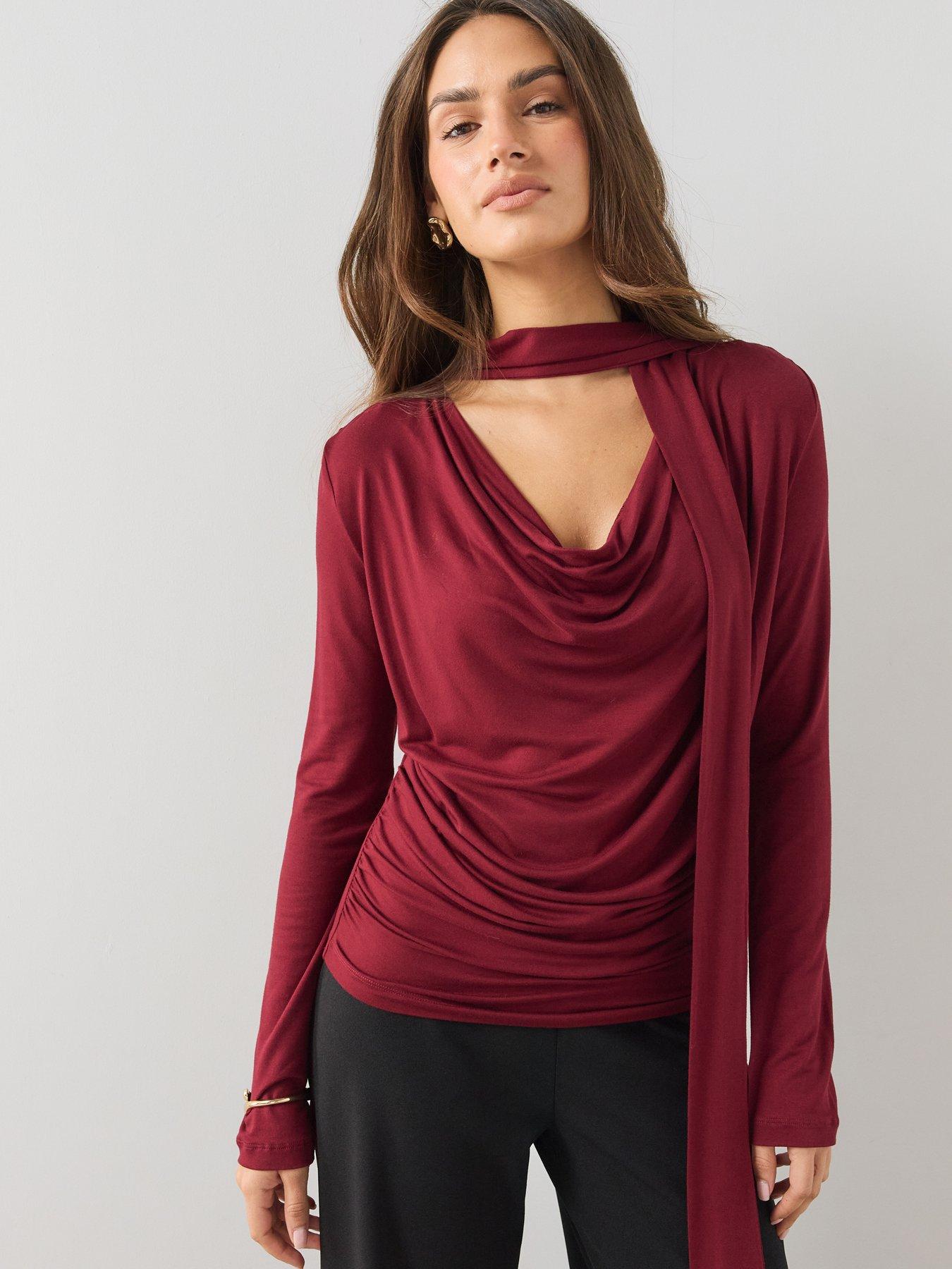 Image 1 of 7 of The Very Collection Womens Scarf Tie Ruched Cowl Neck Top - Burgundy