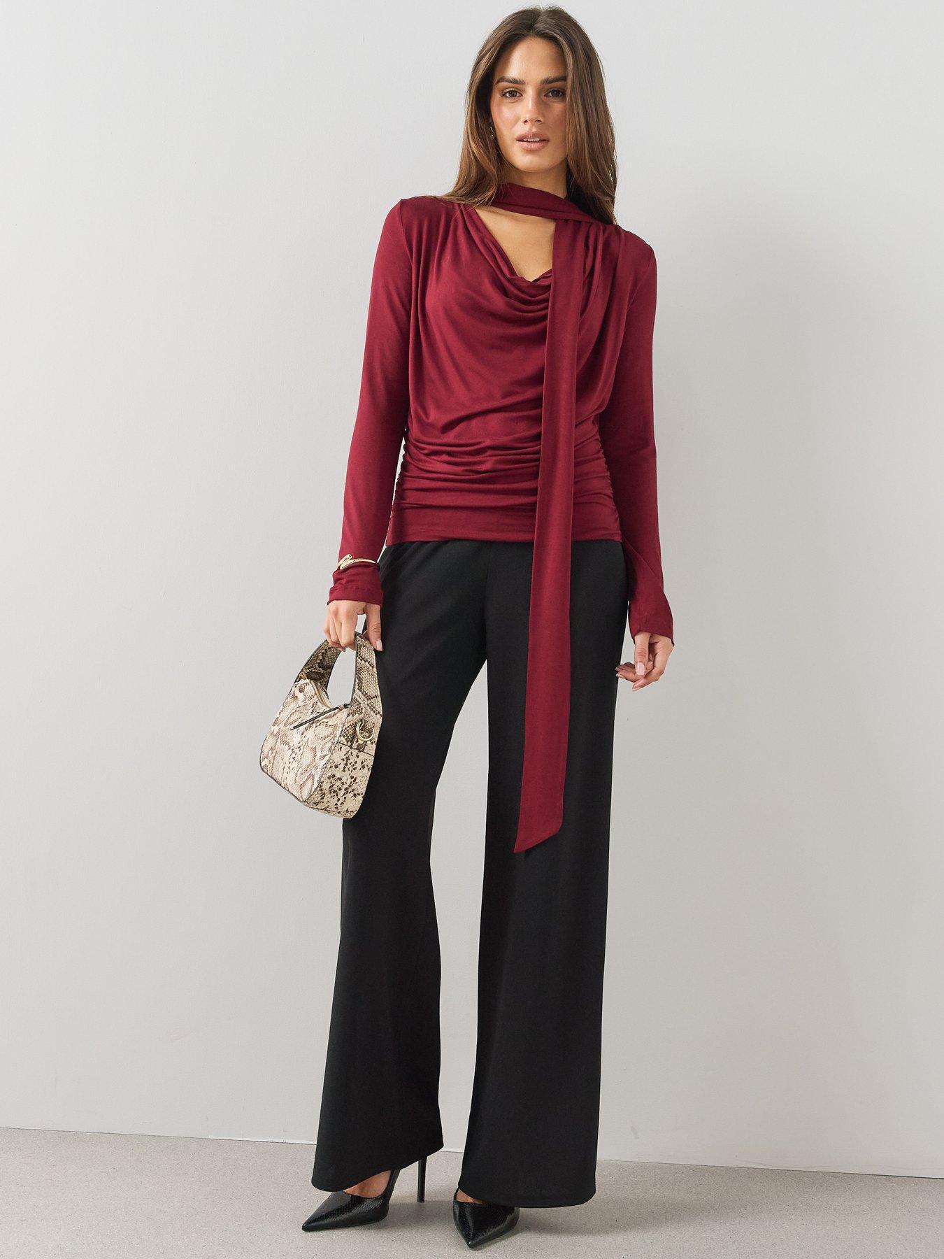 Image 3 of 7 of The Very Collection Womens Scarf Tie Ruched Cowl Neck Top - Burgundy