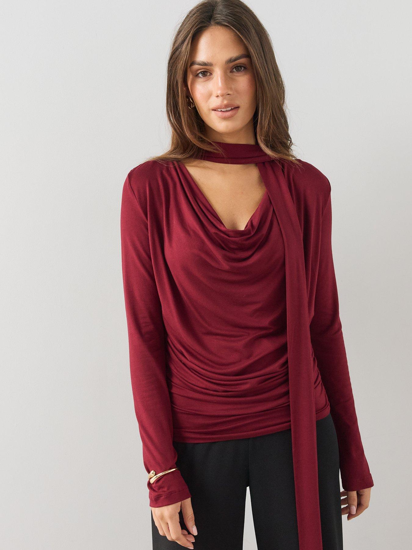 Image 4 of 7 of The Very Collection Womens Scarf Tie Ruched Cowl Neck Top - Burgundy