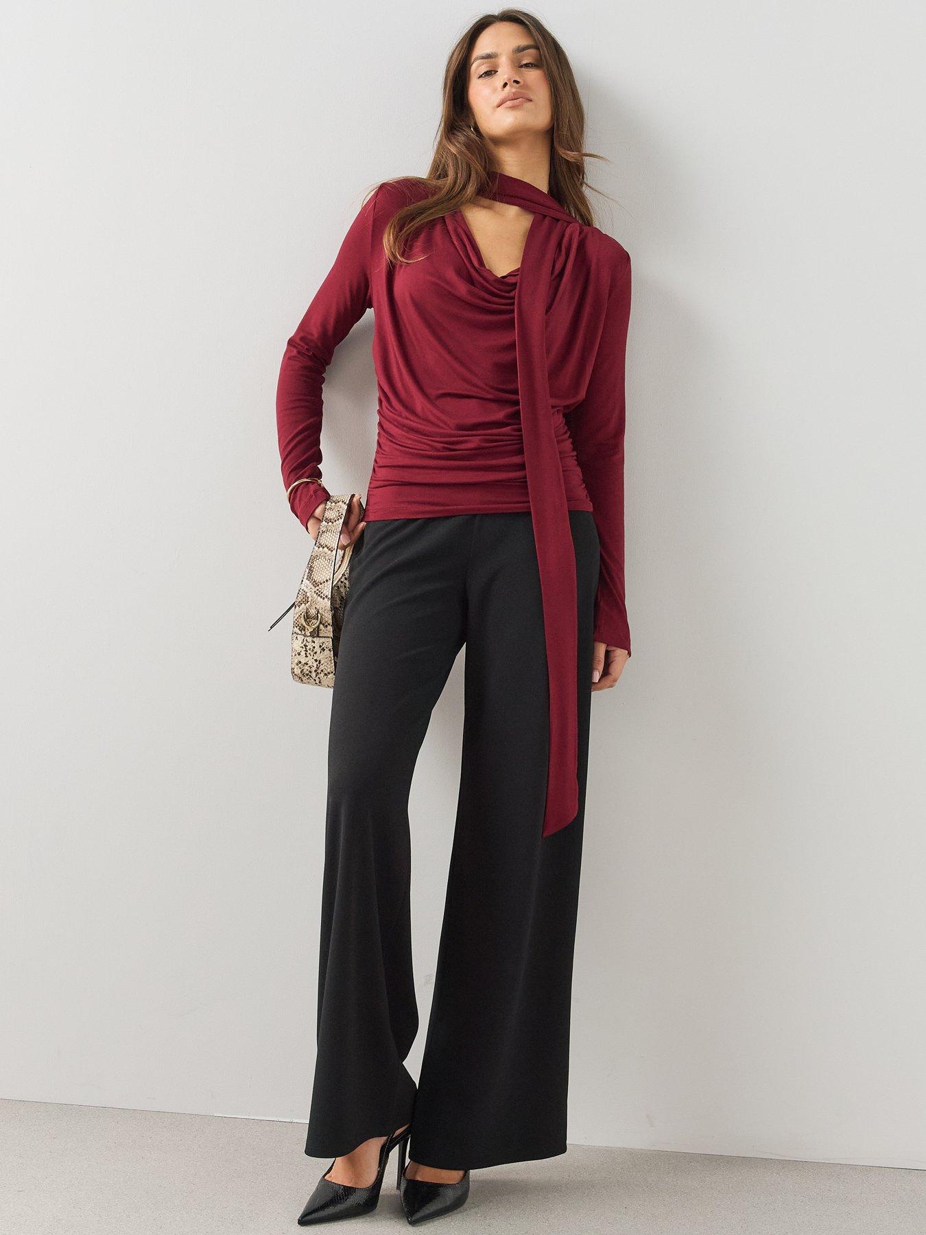 Image 5 of 7 of The Very Collection Womens Scarf Tie Ruched Cowl Neck Top - Burgundy