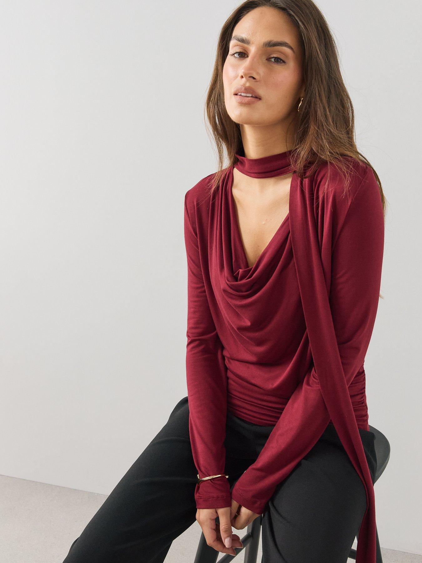 Image 6 of 7 of The Very Collection Womens Scarf Tie Ruched Cowl Neck Top - Burgundy