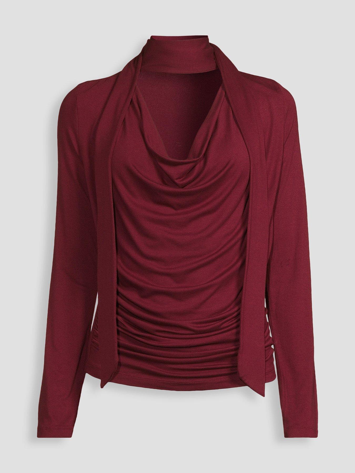 Image 7 of 7 of The Very Collection Womens Scarf Tie Ruched Cowl Neck Top - Burgundy