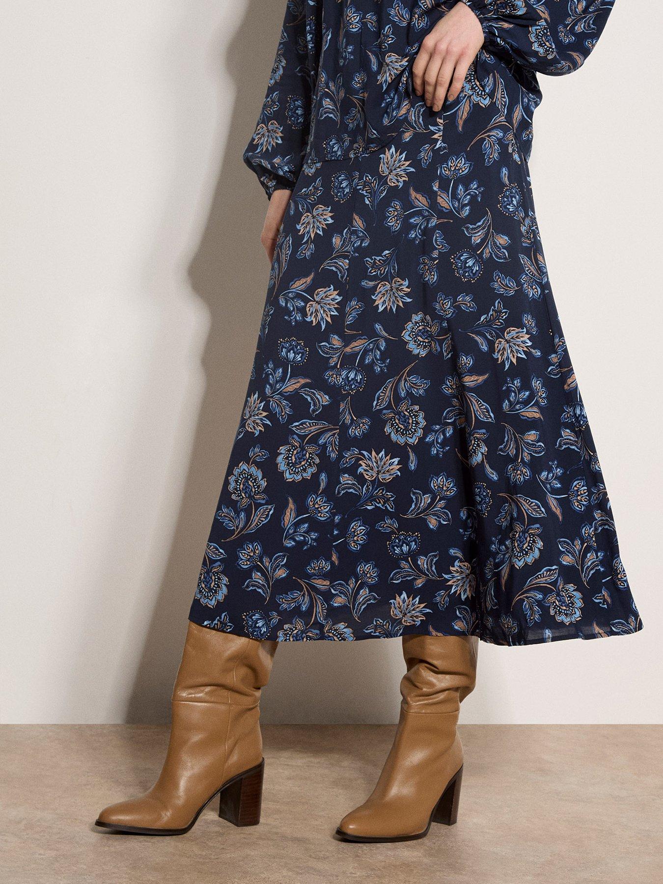 Apricot Painterly Floral Midi Skirt - Navy