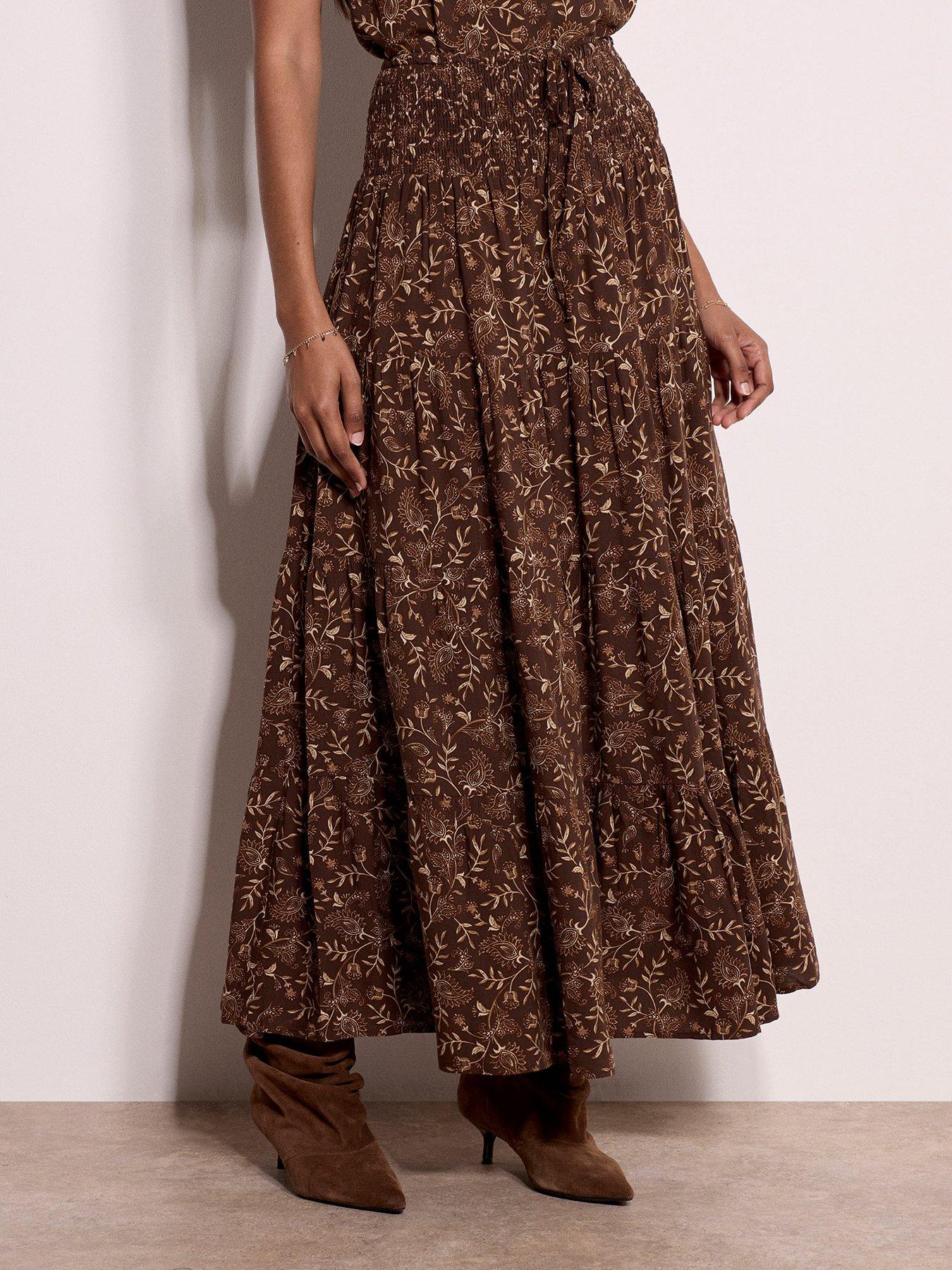 Apricot Paisley Vine Print Tiered Maxi Skirt - Brown