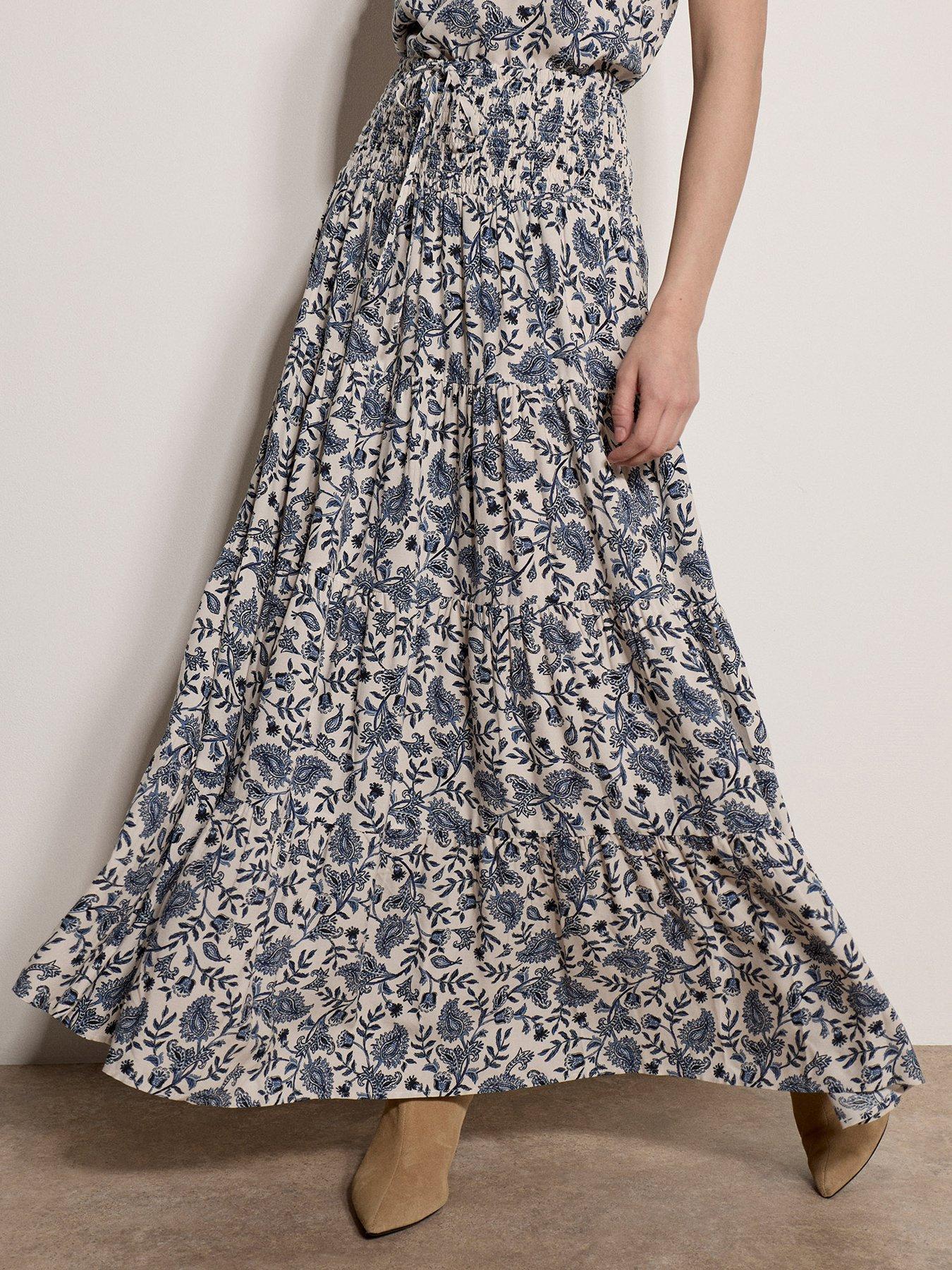 Apricot Painterly Paisley Vines Maxi Skirt - Cream