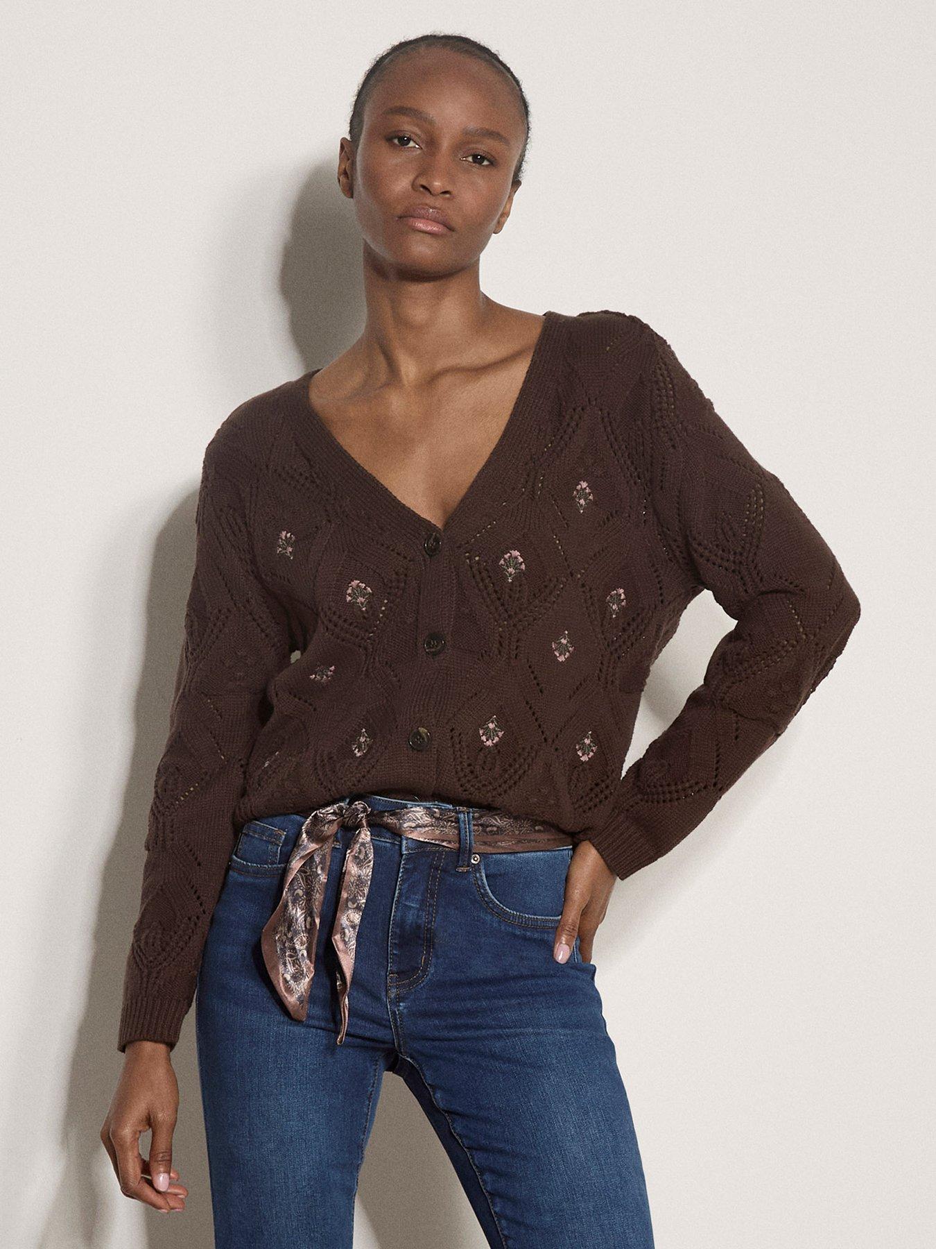 Image 1 of 4 of Apricot Embroidered Pointelle Knit Cardigan - Brown