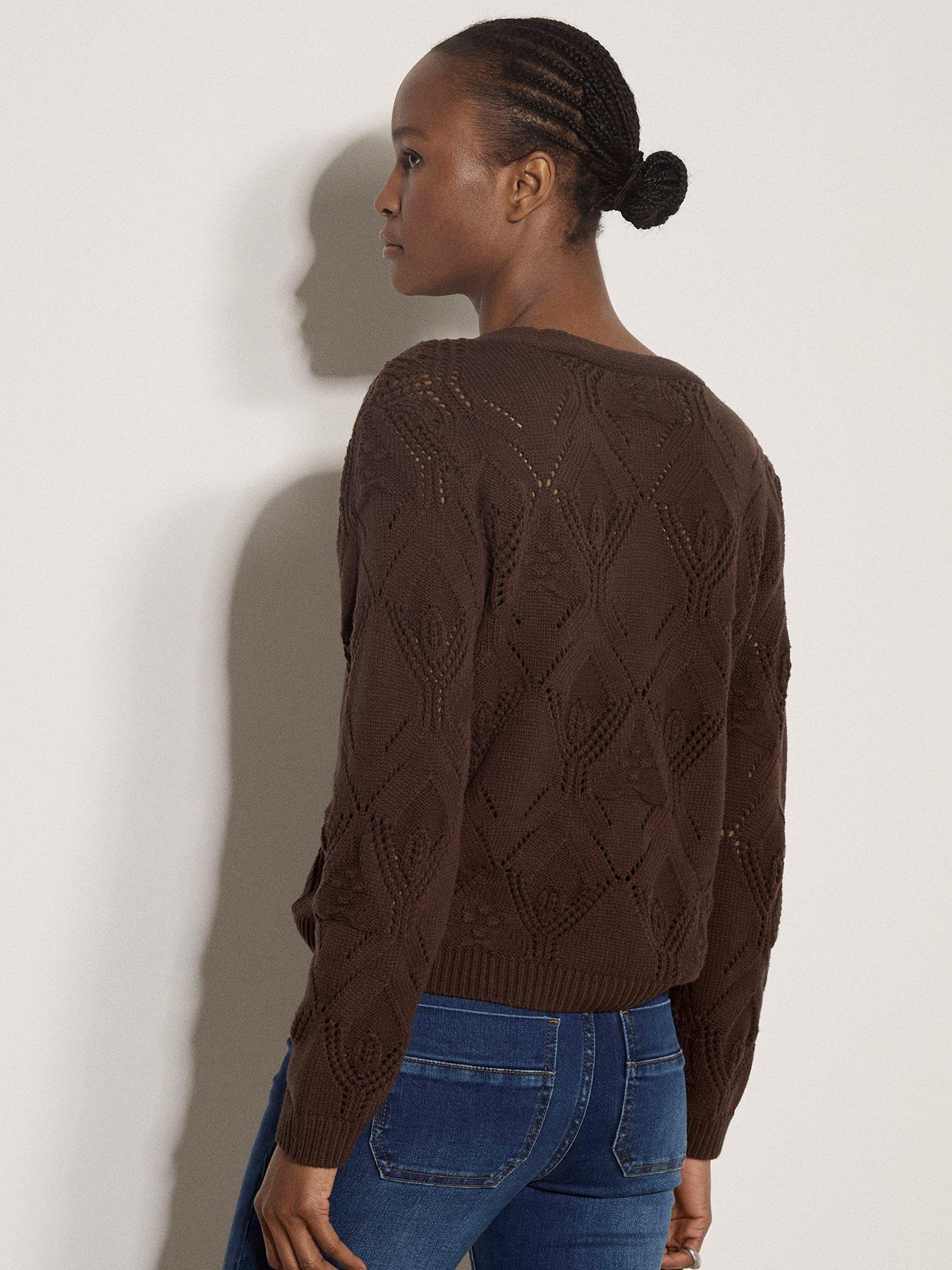 Image 2 of 4 of Apricot Embroidered Pointelle Knit Cardigan - Brown