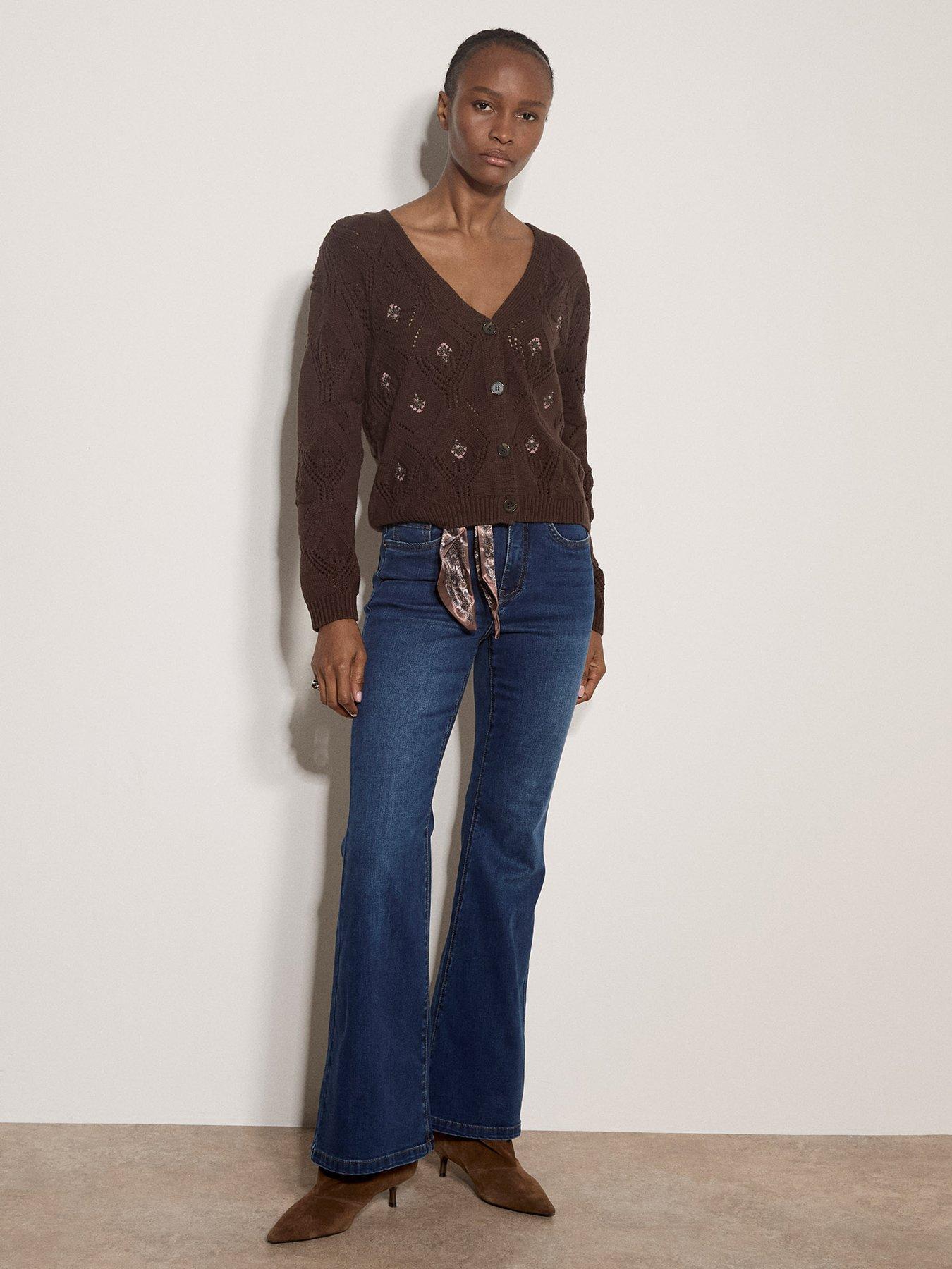 Image 3 of 4 of Apricot Embroidered Pointelle Knit Cardigan - Brown