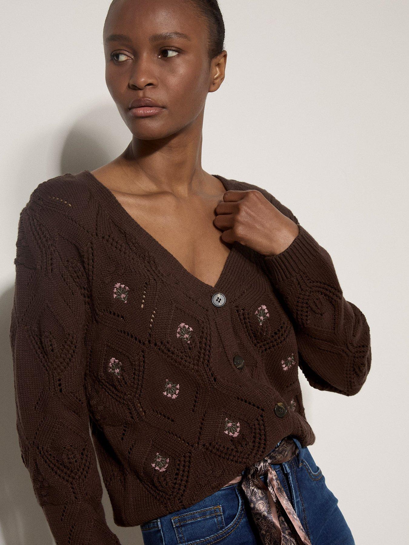 Image 4 of 4 of Apricot Embroidered Pointelle Knit Cardigan - Brown