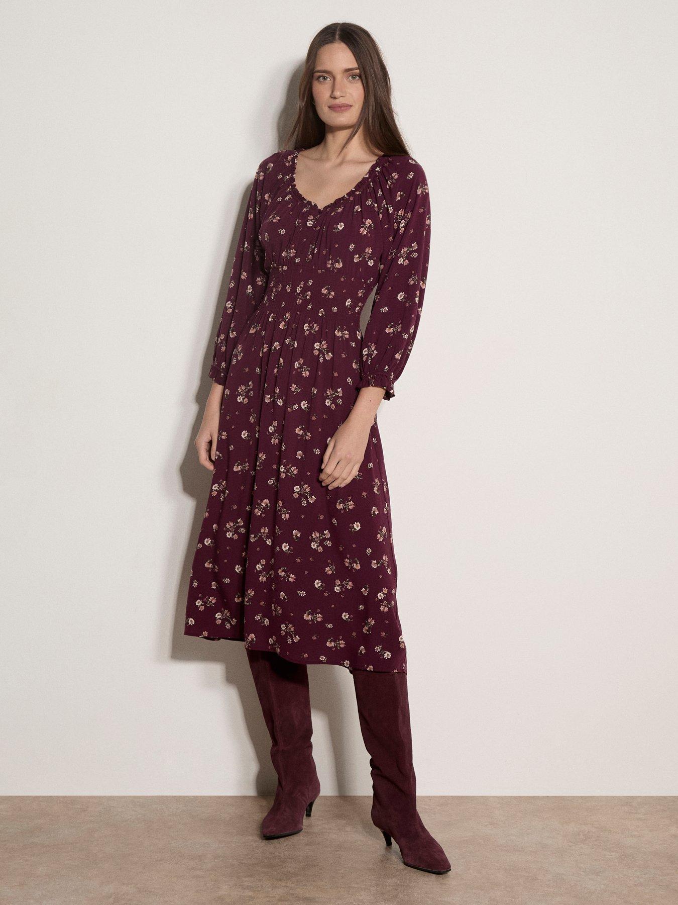 Apricot Watercolour Ditsy Smock Neck Midi Dress - Red
