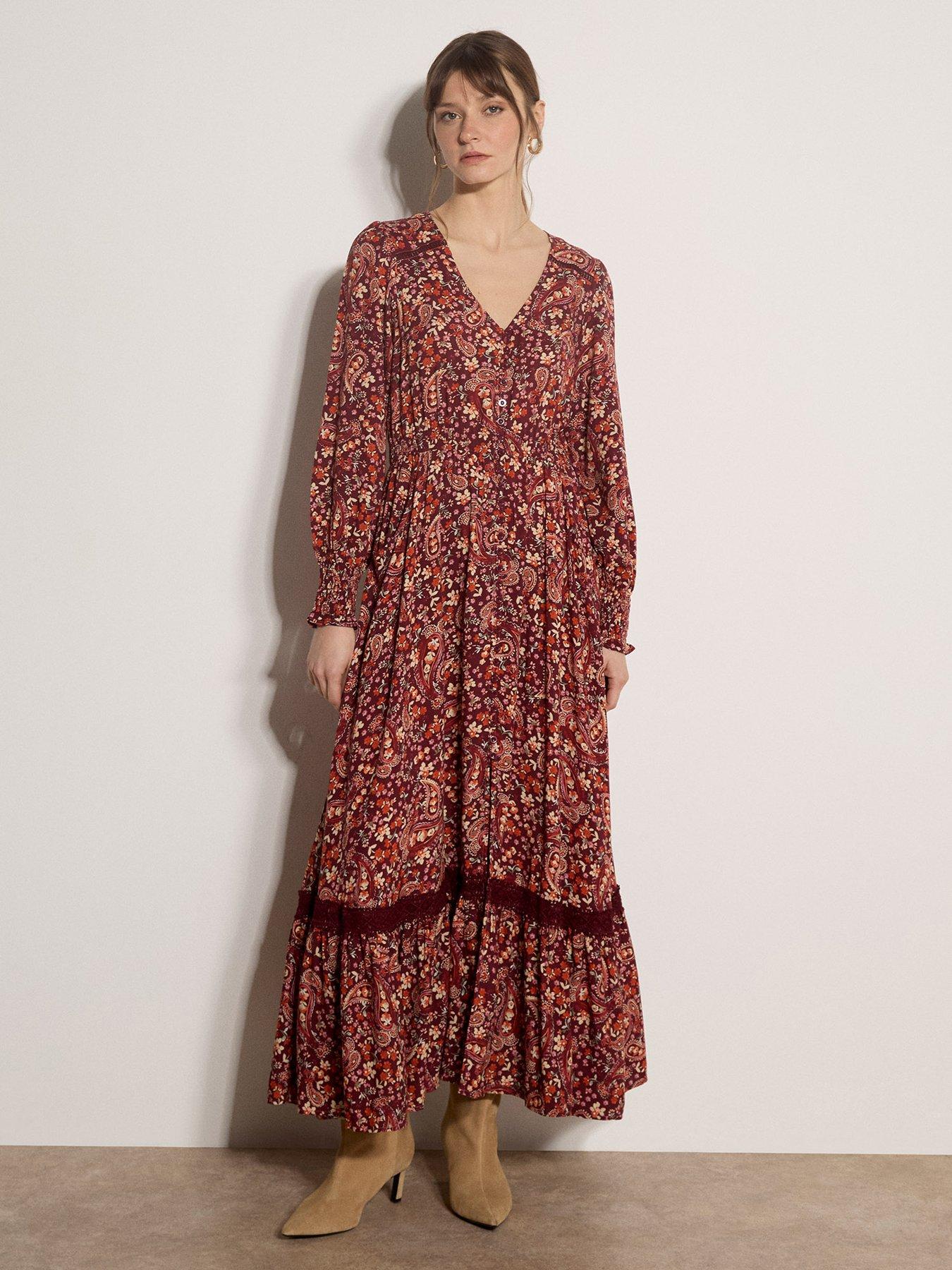 Apricot Painterly Paisley Tiered Maxi Dress - Red