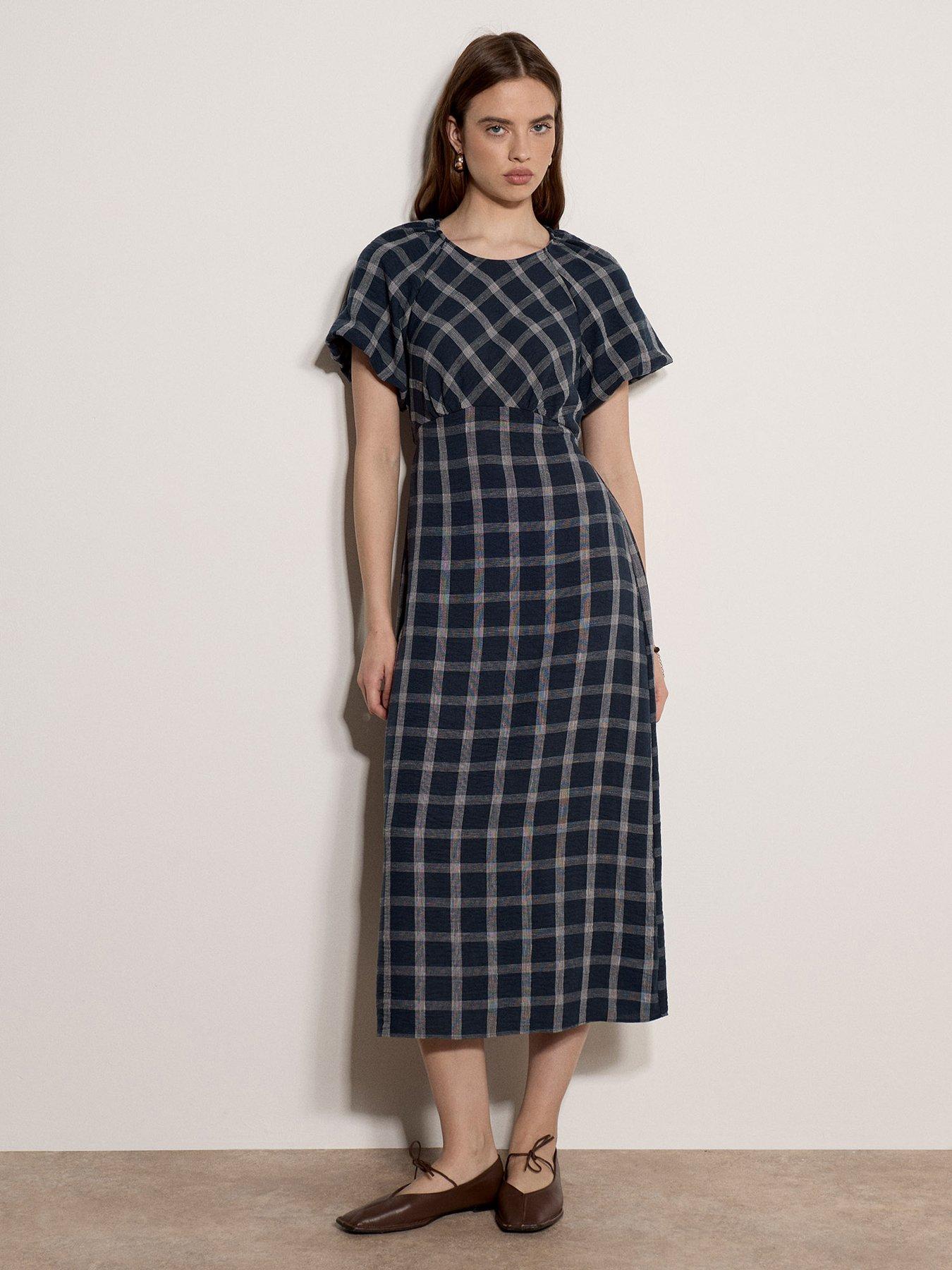 Apricot Check Puff Sleeve Midaxi Dress - Navy