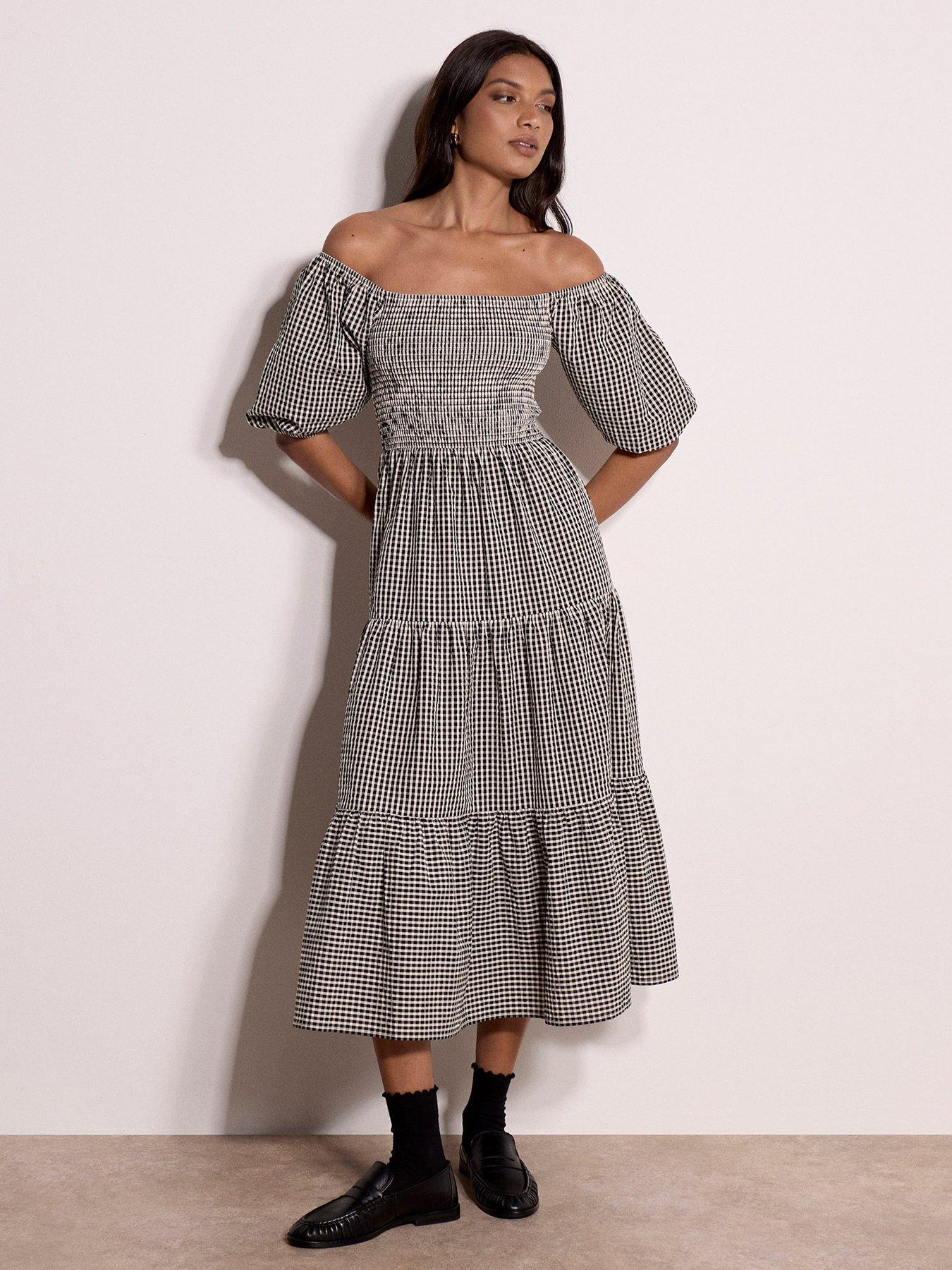 Apricot Women's Off-The-Shoulder Gingham Tiered Smock Midaxi Dress - Black