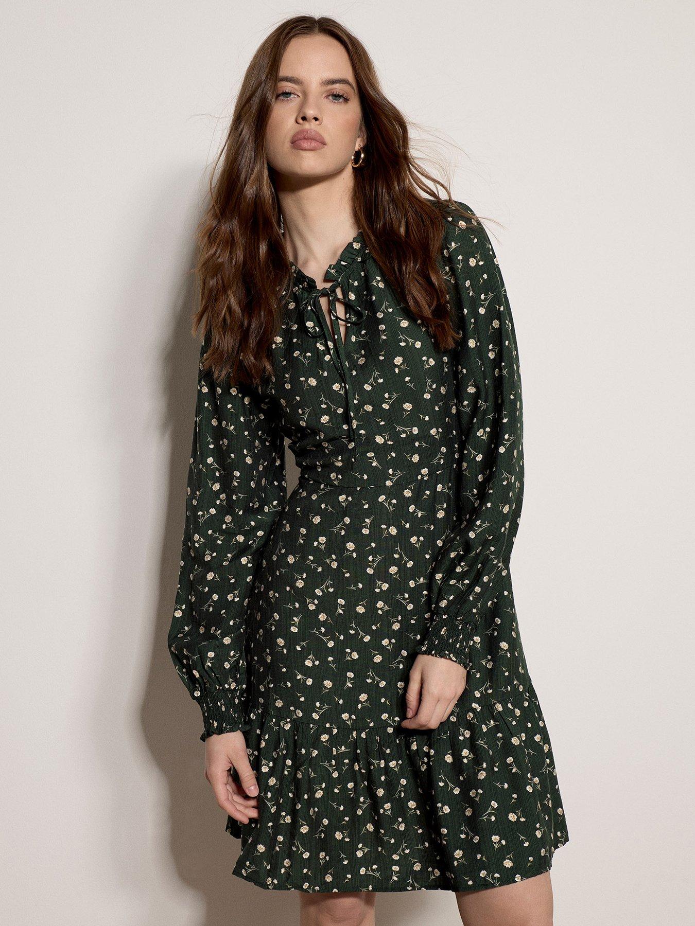 Image 1 of 4 of Apricot Daisy Floral Tie-Neck Long Sleeve Mini Dress - Green